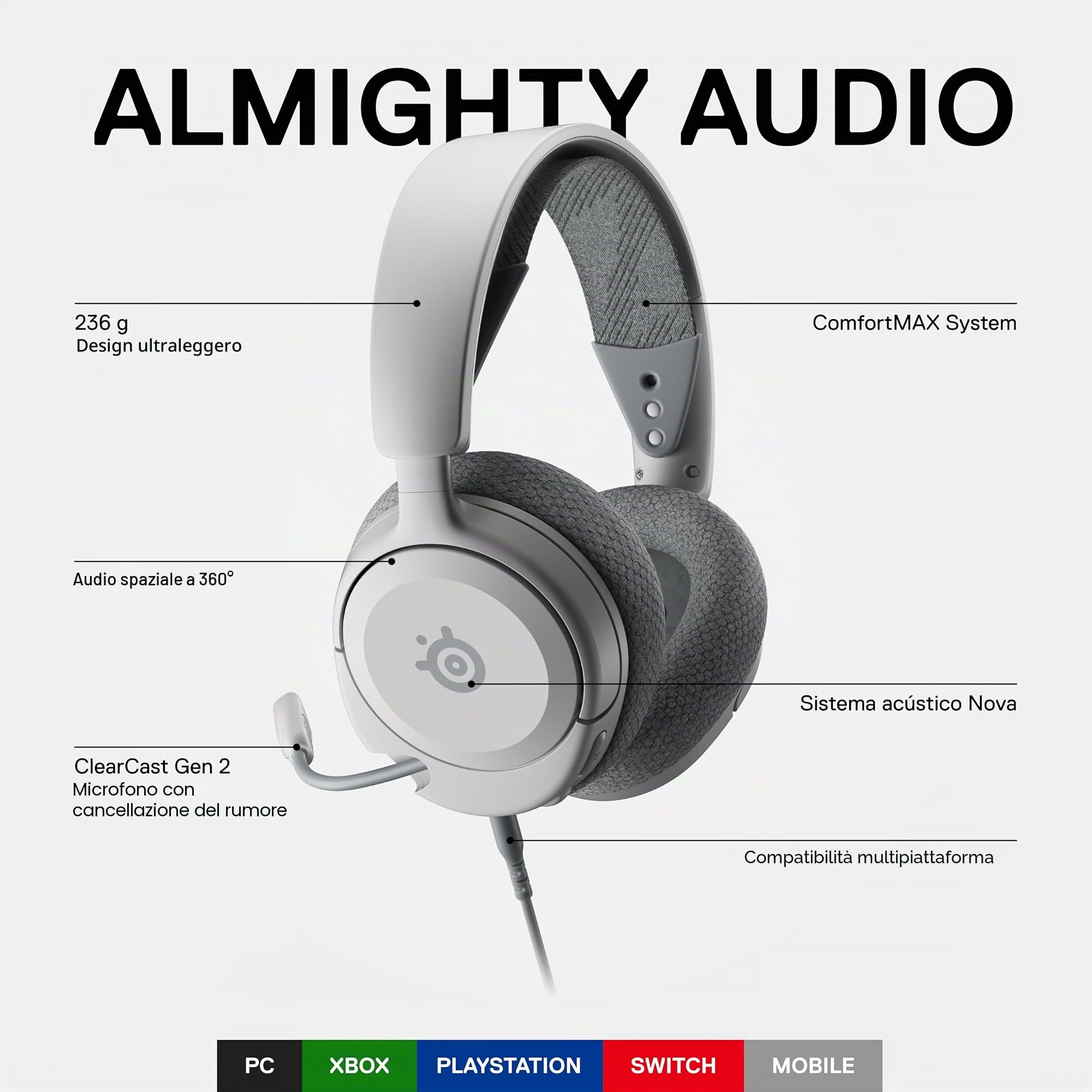 SteelSeries NUOVO Cuffie da gioco multi-sistema Arctis Nova 1 - Driver Hi-Fi - Audio spaziale a 360° - Design confortevole - Durevole - Ultra leggero - Microfono con cancellazione del rumore - PC,