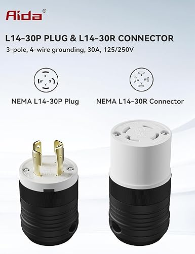 Miniatura 2 de AIDA 30 amperios, 125250 voltios, 3 polos, 4 cables de conexión a tierra de alta resistencia, conector de bloqueo de generador giratorio, NEMA