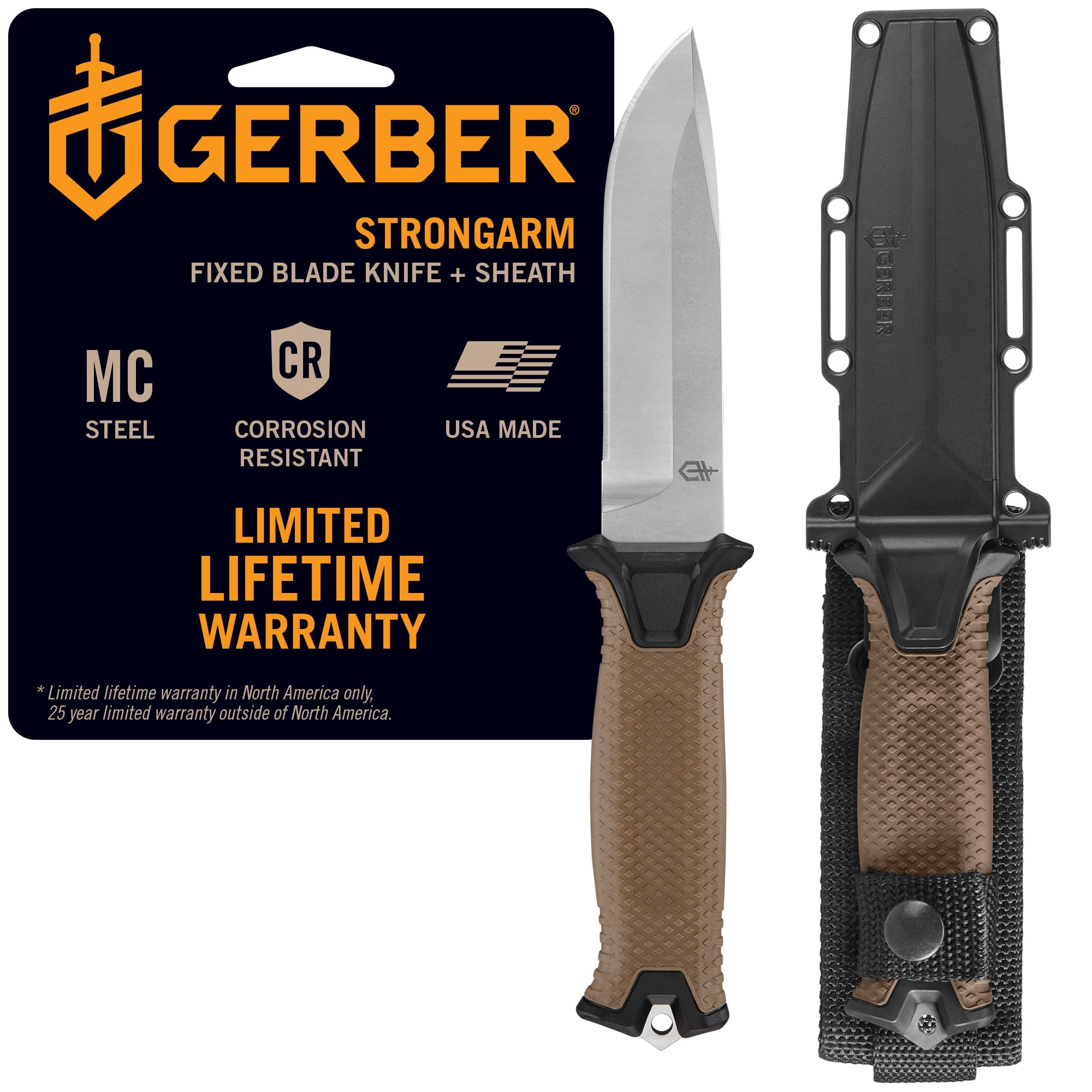 Gerber Gear StrongArm Magnacut - Fixed Blade Survival Tactical Knife for Camping, Outdoor, Hunting - Ergonomic Utility Tool with Sheath - Made in USA - Coyote Brown, Plain Edge