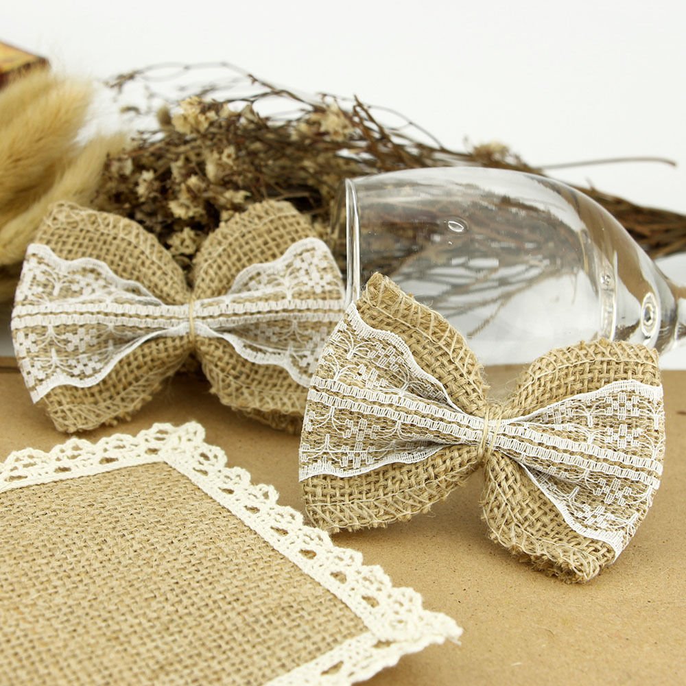 Nœuds décoratifs en toile de jute et dentelle Blanc 50pcs pour mariage Noël