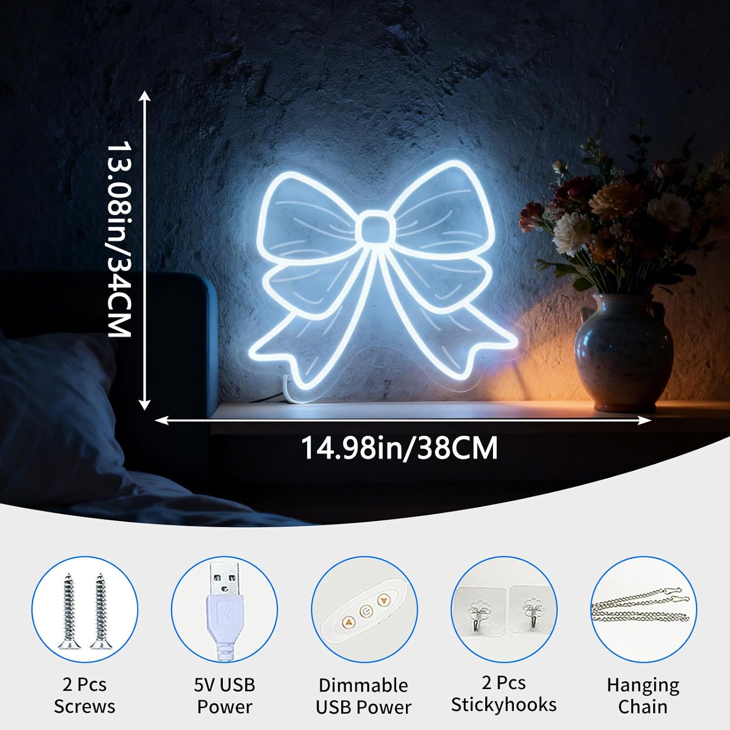 White Bow LED Neon Sign, Ribbon Bow Shape Accent USB Powered Decorative Neon Light for Girl Bedroom Dorm Living Room Party Wall Table Girly Theme Decor, 15 x 13.4 In