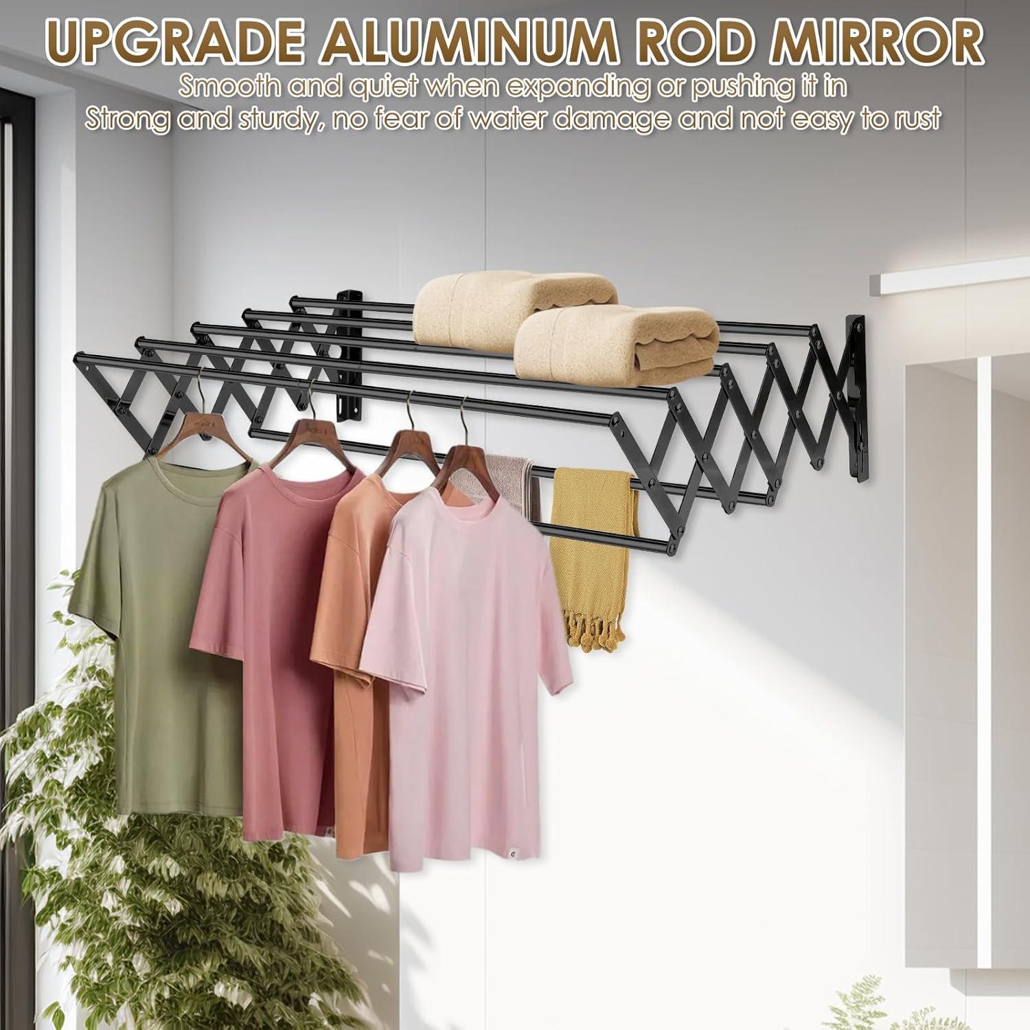 XL-31.5'' Wall Mounted Clothes Drying Rack, 130 lbs Large Capacity Rustproof Retractable Collapsible Drying Rack Easy Install with 7 Drying Rods, Space Saving Towel Clothes Rack for Laundry-Black