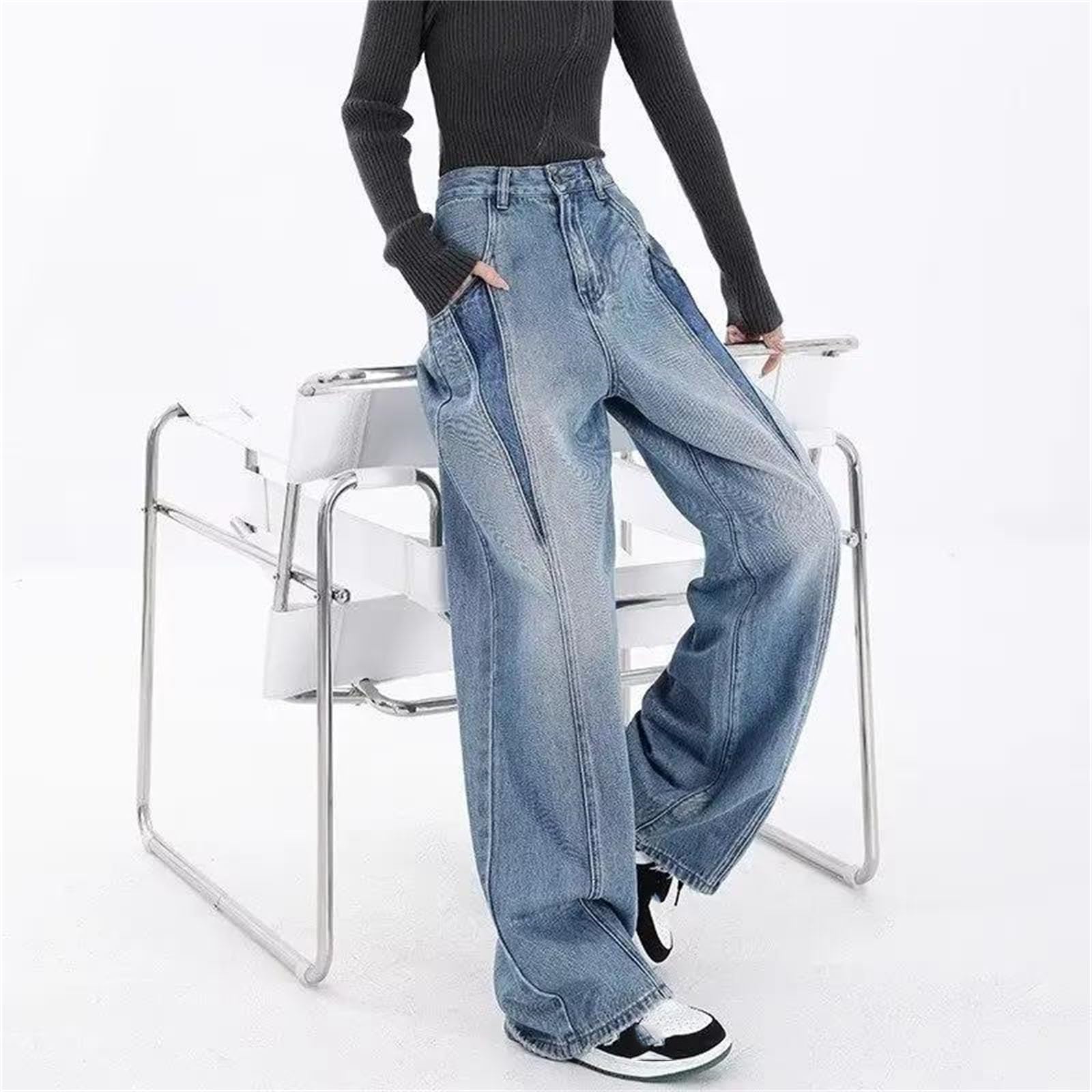 Pantalones vaqueros de pierna ancha para mujer, diseño de retazos, ajuste holgado, rectos, casuales, estilo urbano