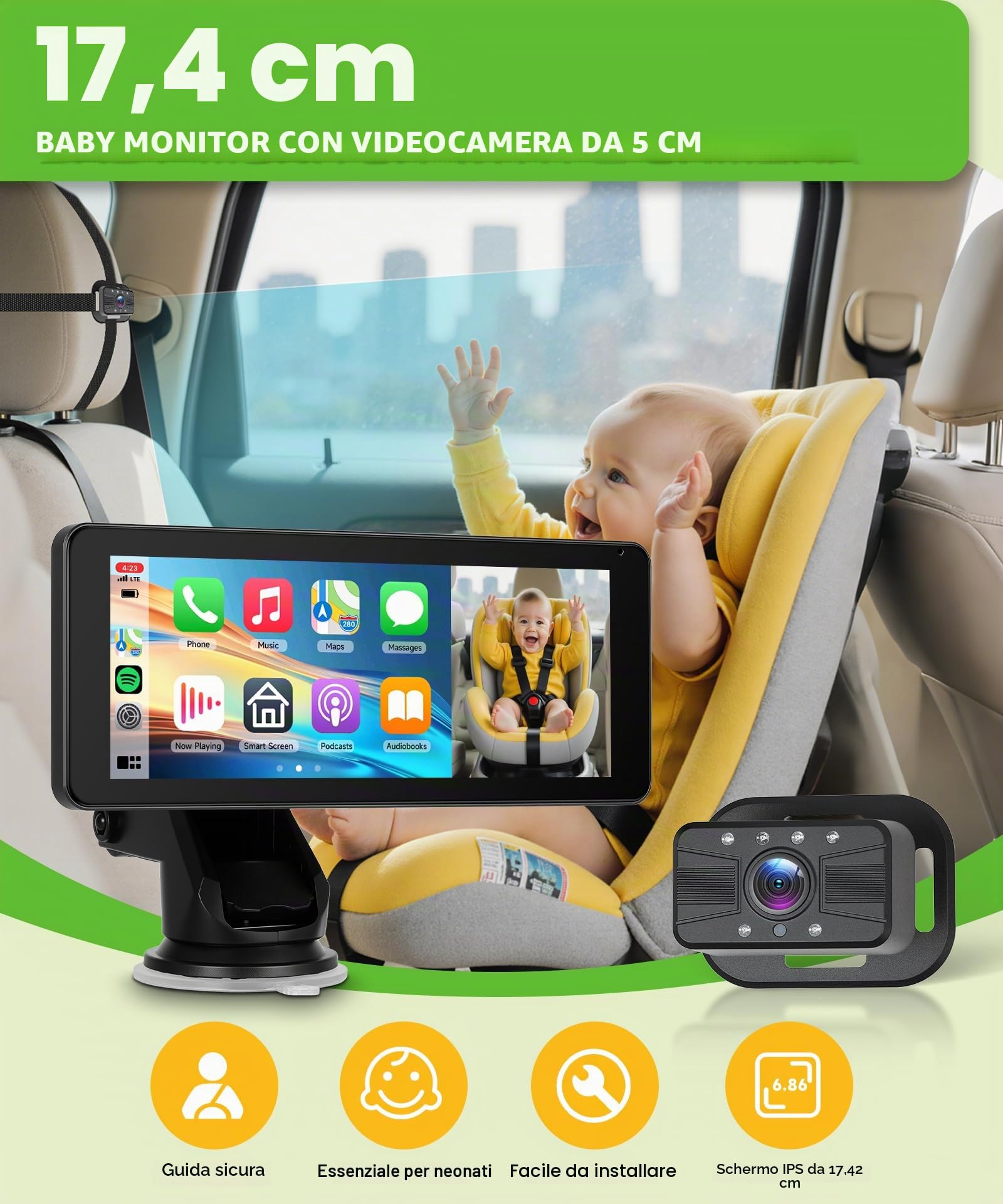 VECHTEL Sedile posteriore per bambini telecamera con schermo diviso da 6,86 pollici HD 720P,on Carplay Android Auto, telecamera auto con visione notturna e rotazione a 360,con a ventosa/64 GB SD