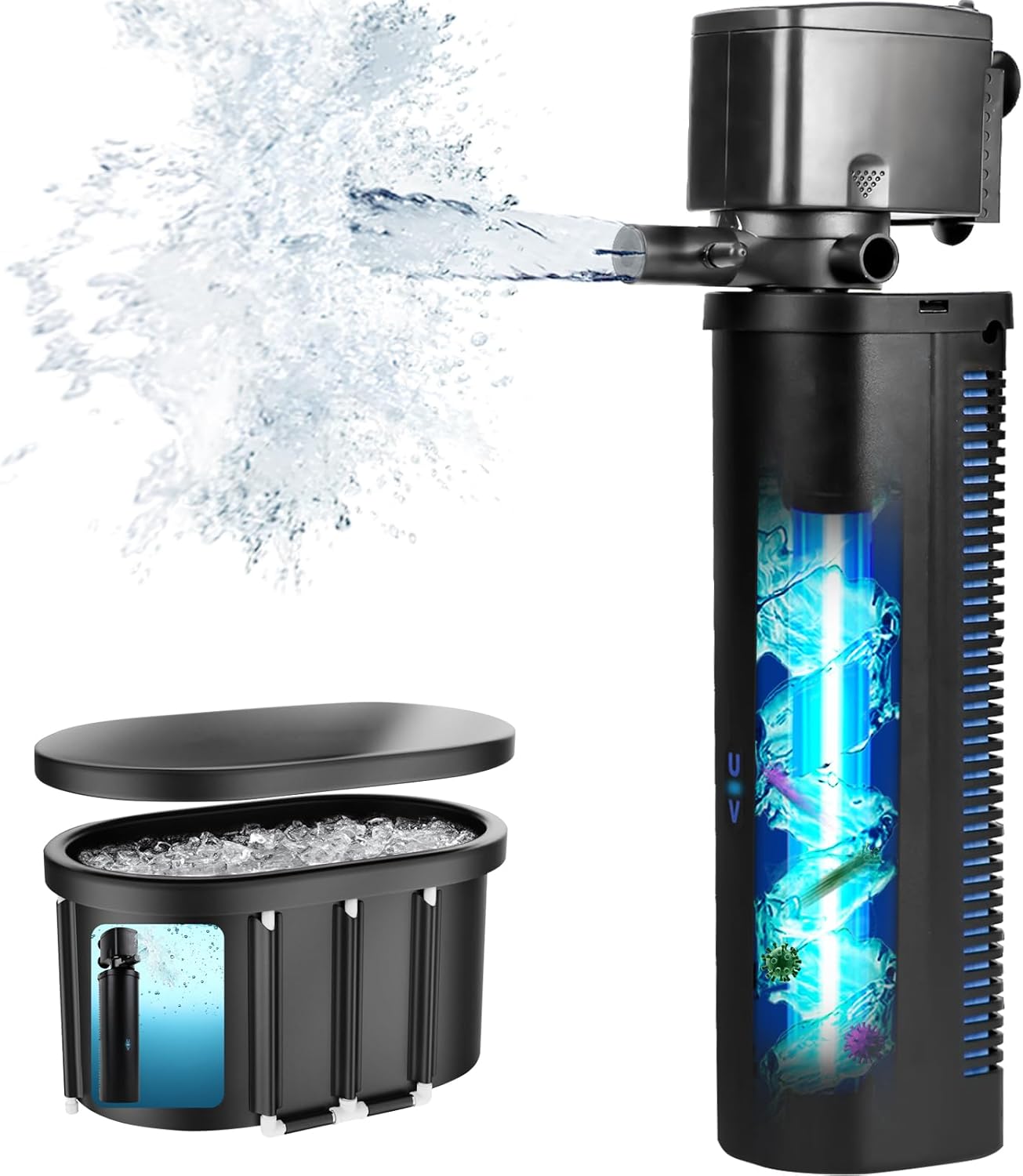Hypool Filtro U-V para acuario de 600 GPH para tanque de peces grande de 75-300 galones, bañera de inmersión fría, filtro de estanque Koi, medios de