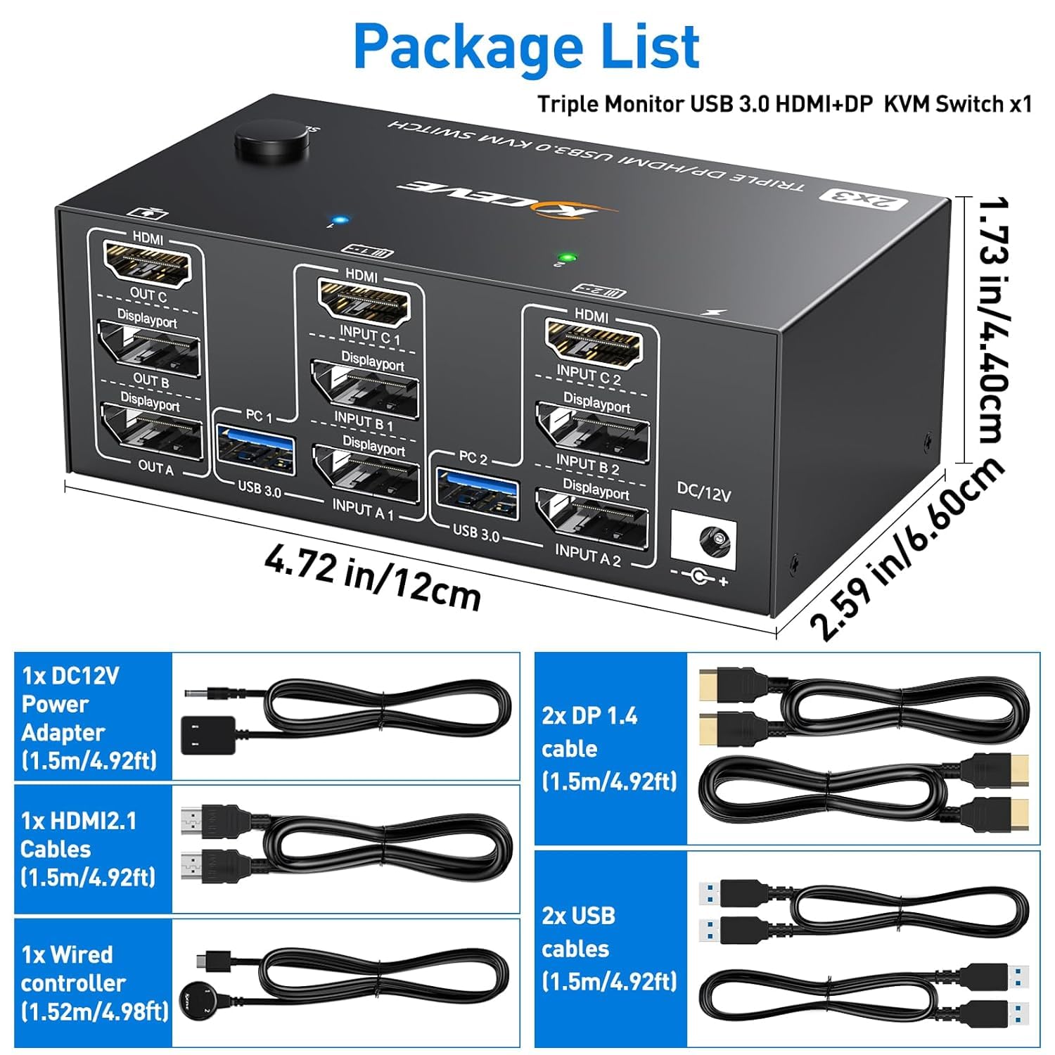 KCEVE KVM Switch 3 Monitore 2 PC, 8K@60Hz/4k@144Hz USB 3.0 KVM Umschalter HDMI + DisplayPort, für 2 Computer, 3 Displays, und 4 USB 3.0 Geräte
