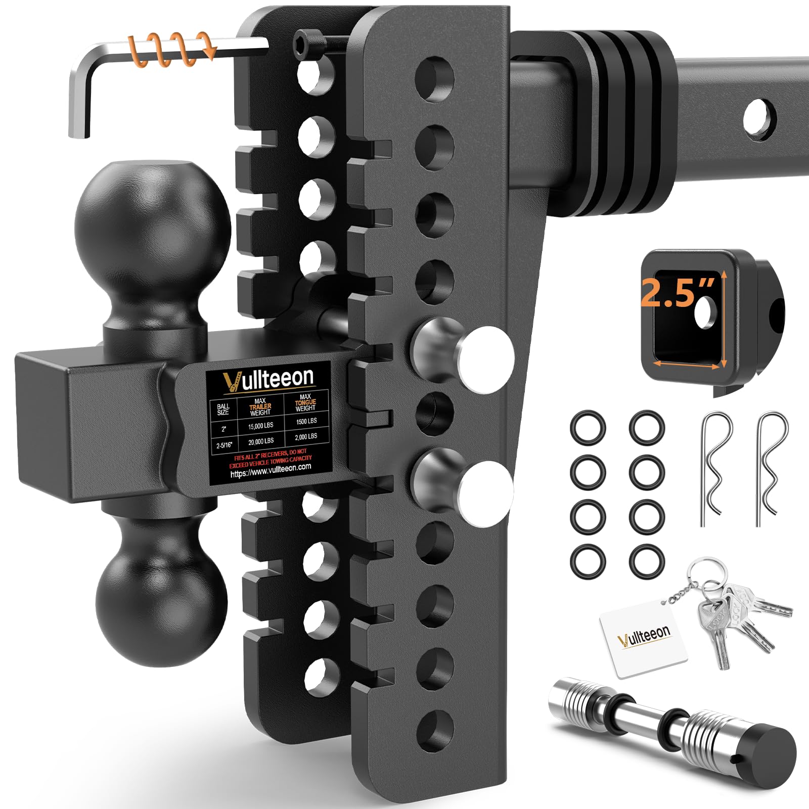 Adjustable Trailer Hitch - Drop Hitch for 2.5 Inch Receiver, 8" Drop/Rise, (2" & 2-5/16") Ball Hitch for Truck, 22000 LBS GTW, Slot - Fit & Anti-Rattle Design Tow Hitches, Anti-Theft Pin