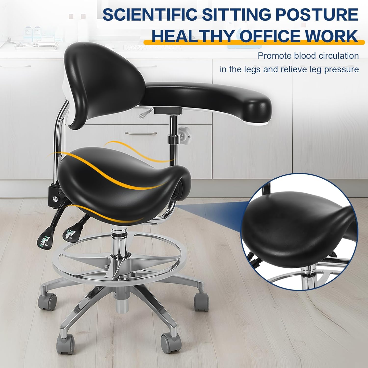 Saddle Stool Chair with Armrest and Wheels Multi-Functional Ergonomic Saddle Chair with Back Support for Dentals Hygienists Office Pharmacy Clinic Use (Black)