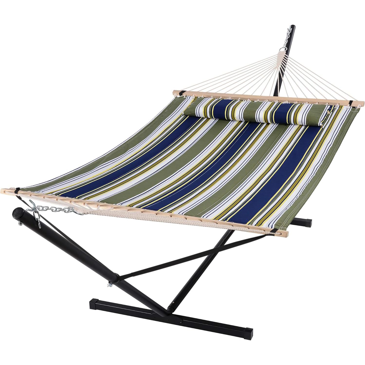 Double Hammock, Extra Large Quilted Fabric Swing with Hardwood Spreader Bars & Detachable Pillow, Heavy Duty, Perfect for Indoor/Outdoor Patio, Deck, Yard, Blue&Aqua