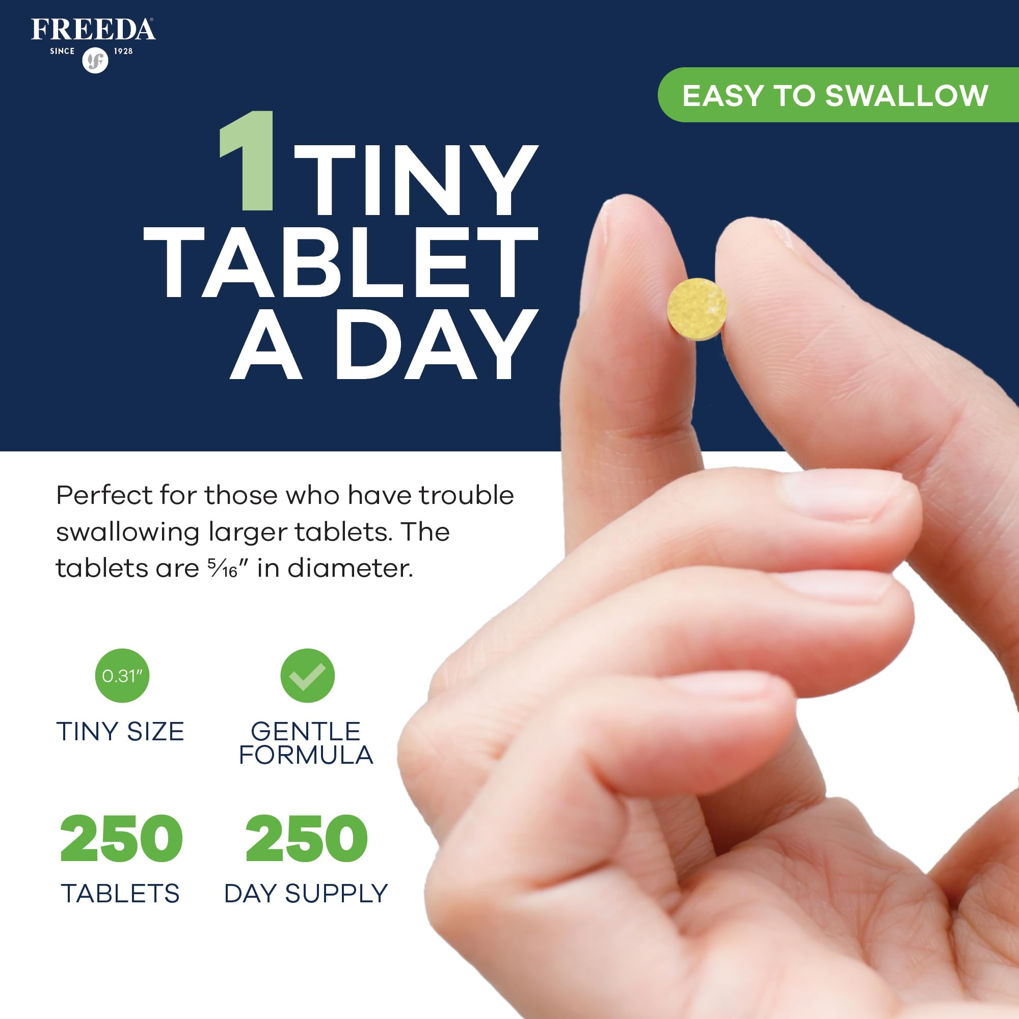 Freedavite Tiny Tablet - Moderate Multivitamin for Men and Women - Pure Vitamin A, C, D, E, B1, B2, B6, B12, Biotin, Calcium, Zinc, Iron, Magnesium, Manganese, Copper, Selenium, Iodine - 250 Count — Amazon image 3