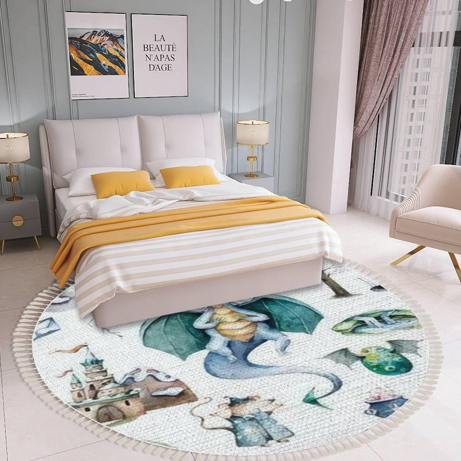 Round Area Rugs Magic Cute Baby for Girls Fairy Castle Dragon Colorful Rainbow Woven Rug Boys Bedroom Decor Bathroom Powder Room Playroom Boho Carpet Outdoor Rug Minimalist Home Decor, 4 ft