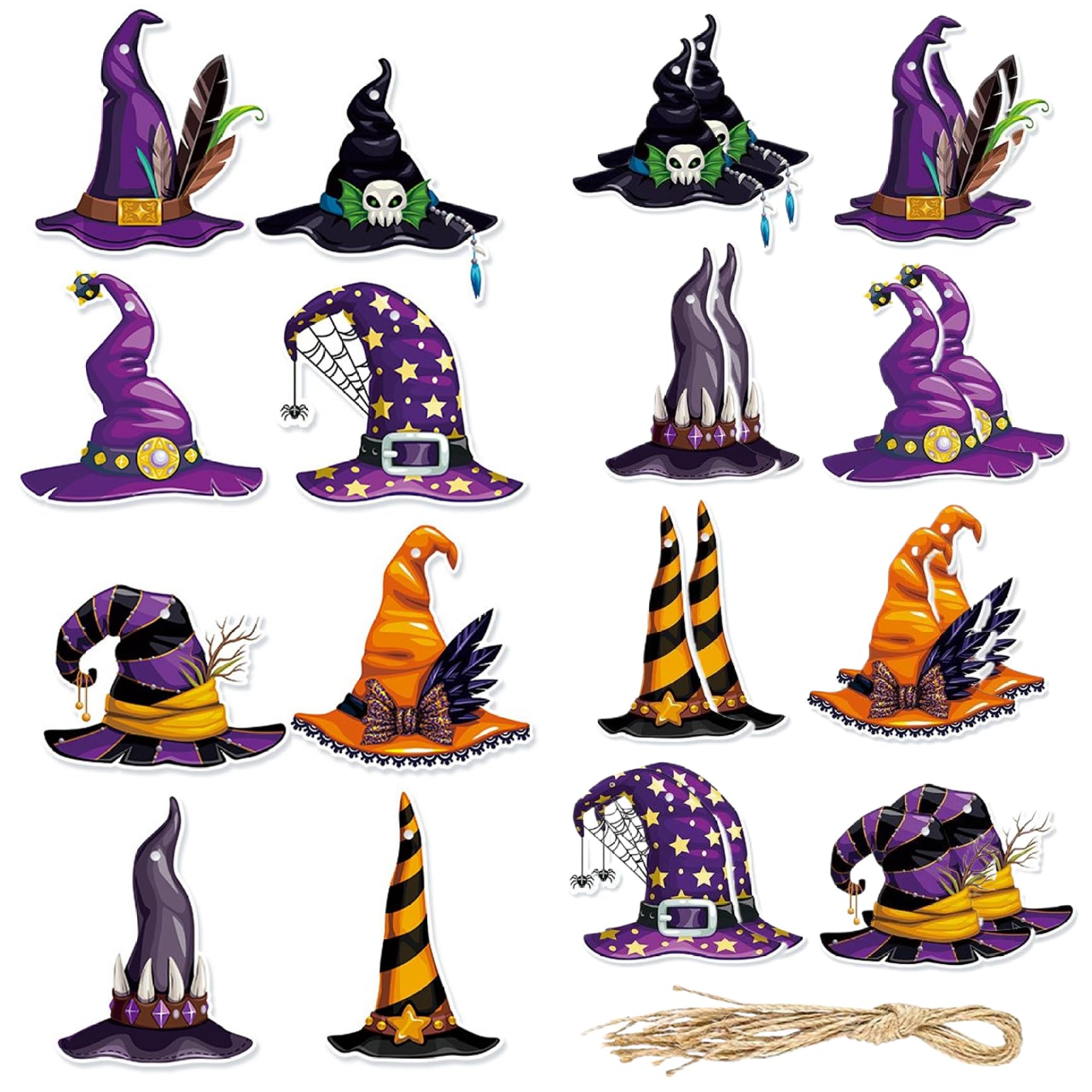 Monwssoe Halloween Decor, Halloween Ornaments, 32PCS 6 Styles Cute Hanging Witches Hats Decor, Mini Tree Decorations with Ropes for DIY Party