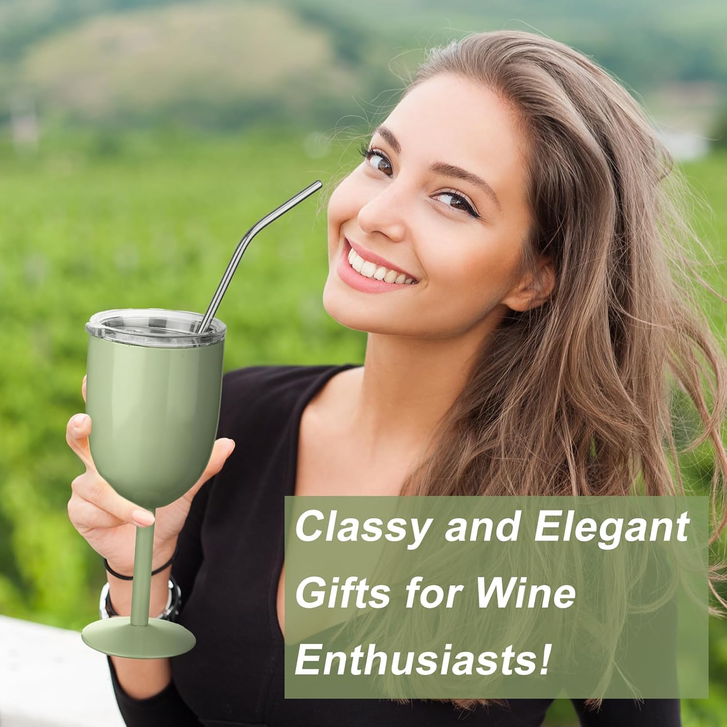 Geiserailie 3 Pcs Stemmed Stainless Steel Wine Glasses with Lid Double Wall Insulated Wine Tumbler with Drinking Straw and Straw Brush 10 oz Cups for Christmas Gifts(Sage Green,3 Pieces)