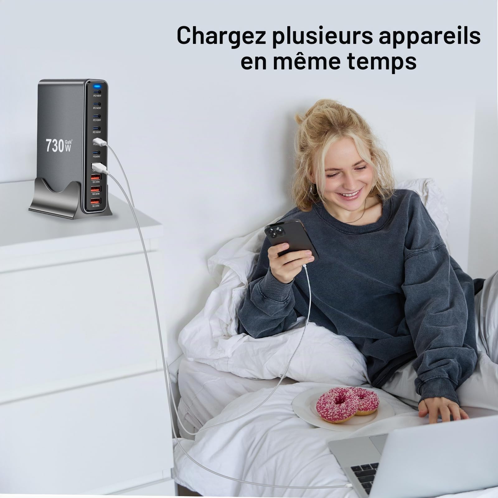 730 W Chargeur USB C Multiple, Station de Charge PD 140 W 100 W 65 W, Chargeur Rapide à 10 Ports Chargeur GaN-III Compatible avec MacBook, iPad, iPhone séries 16/15/14, Galaxy S22/ S20,Dell, HP