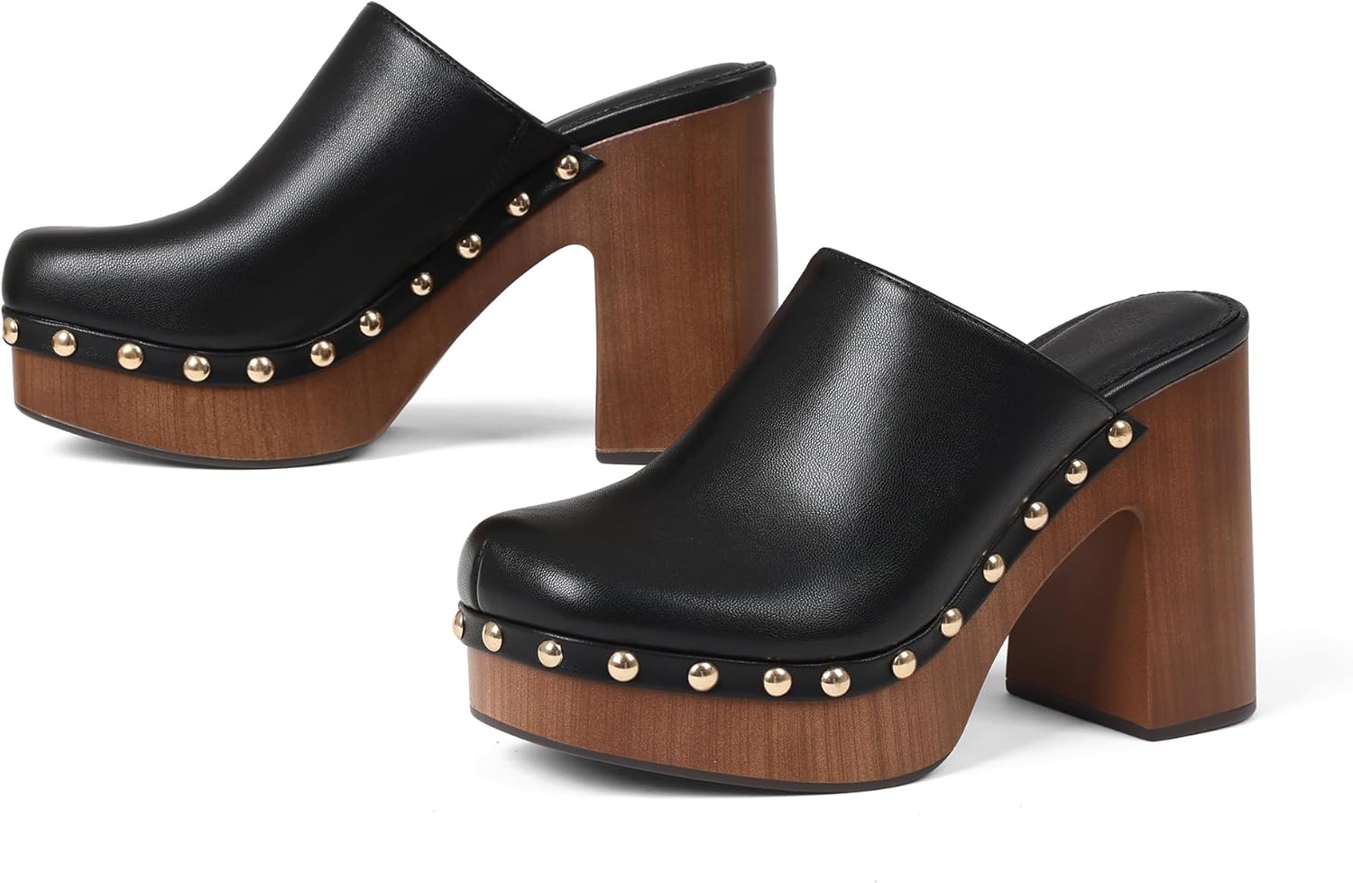 Oiamenne Womens Platform Clogs Mules Chunky High Heeled Sandals Round Toe Slip On Slides Rivet Studded Heels for Women Casual Comfy Shoes