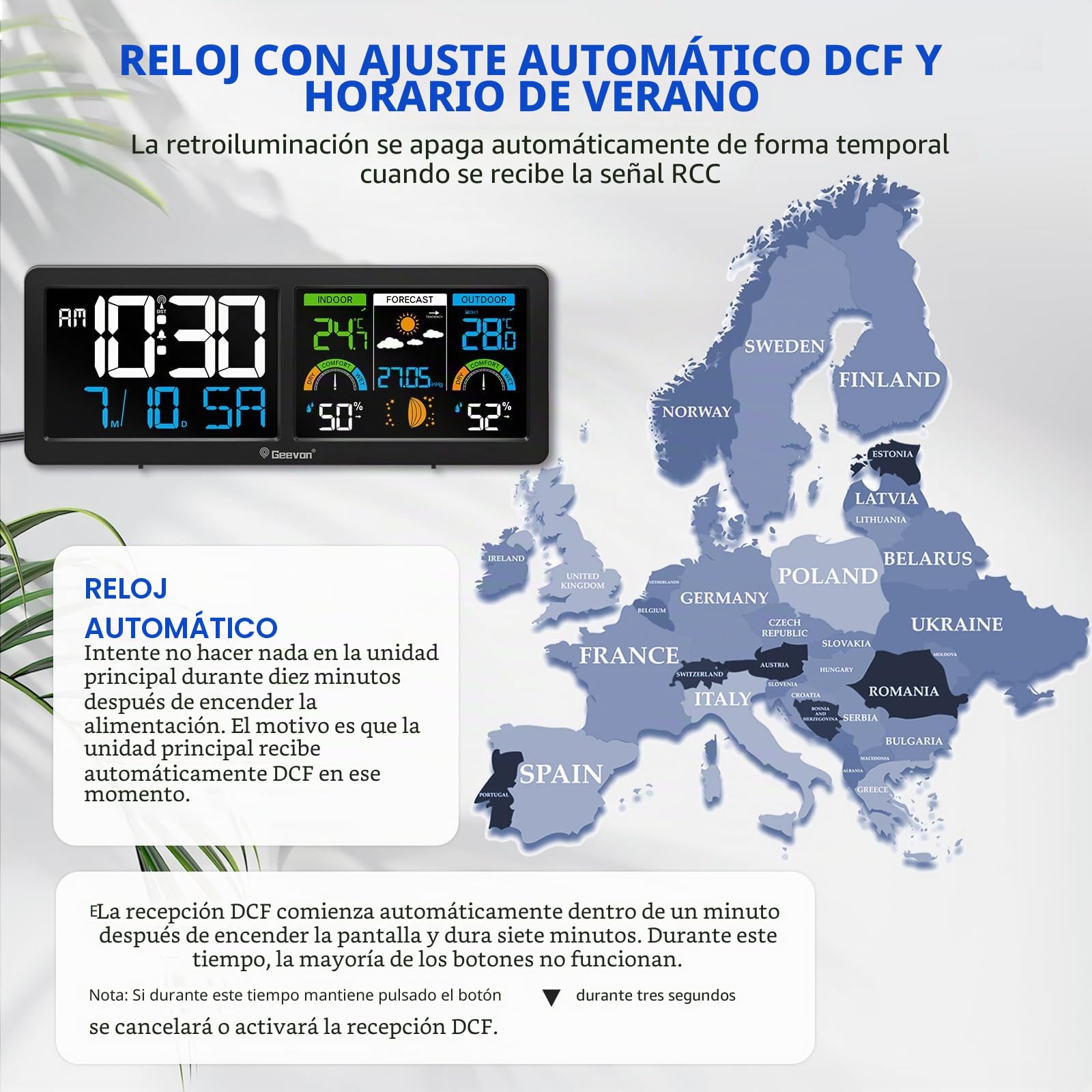 Geevon DCF 246258 - Estación meteorológica inalámbrica con sensor exterior, temperatura interior y exterior, con previsión meteorológica, termómetro digital e higrómetro (246258 con batería)