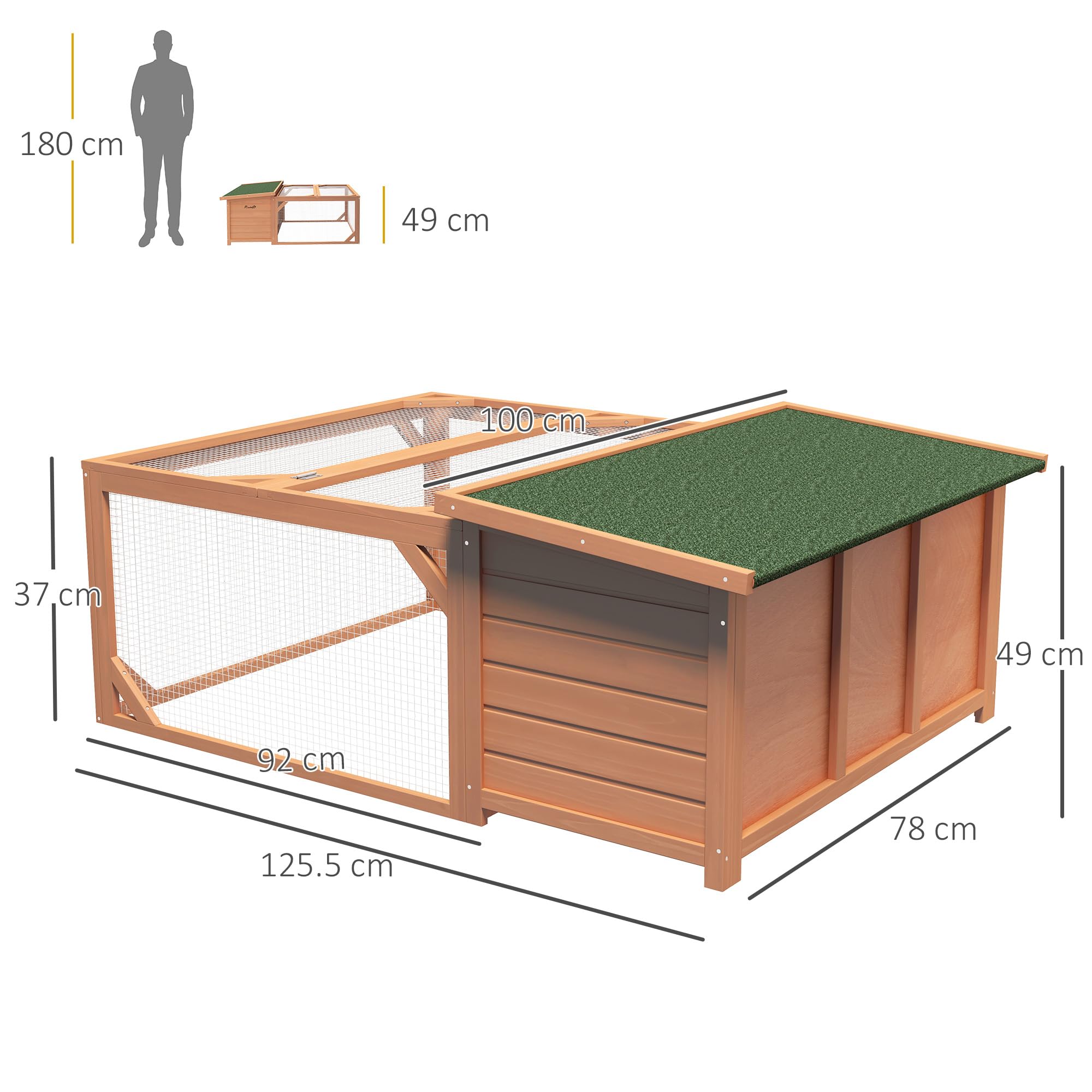 PawHut Conigliera da Esterno e Interno in Legno con Casetta per Conigli e Area Aperta Recintata, 125.5x100x49cm, Arancione