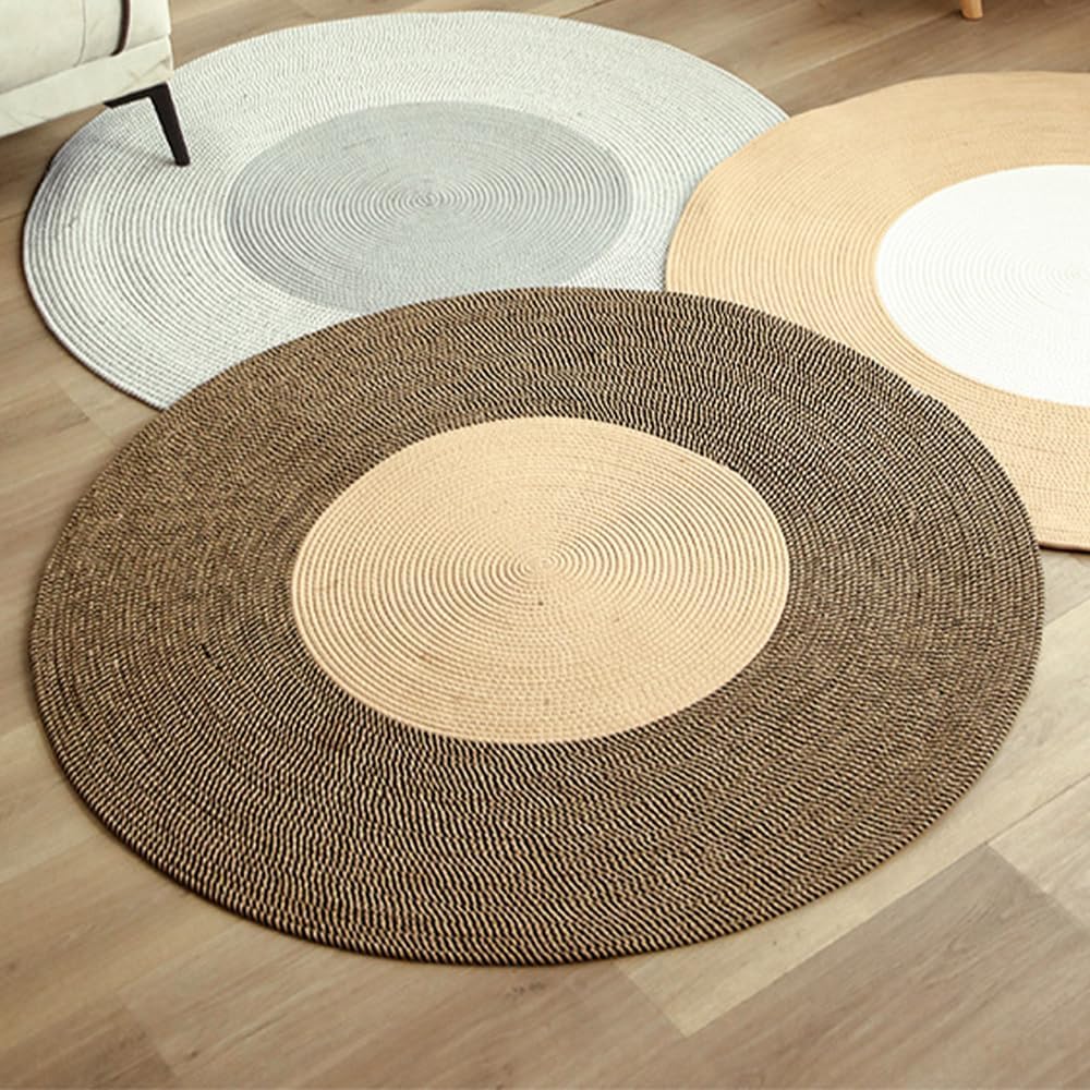 YZZY Cotton Rope Braided Rug, Indoor/Outdoor 47 Inches Round Reversible Area Rug Black Khaki Rings Carpet Home Decor