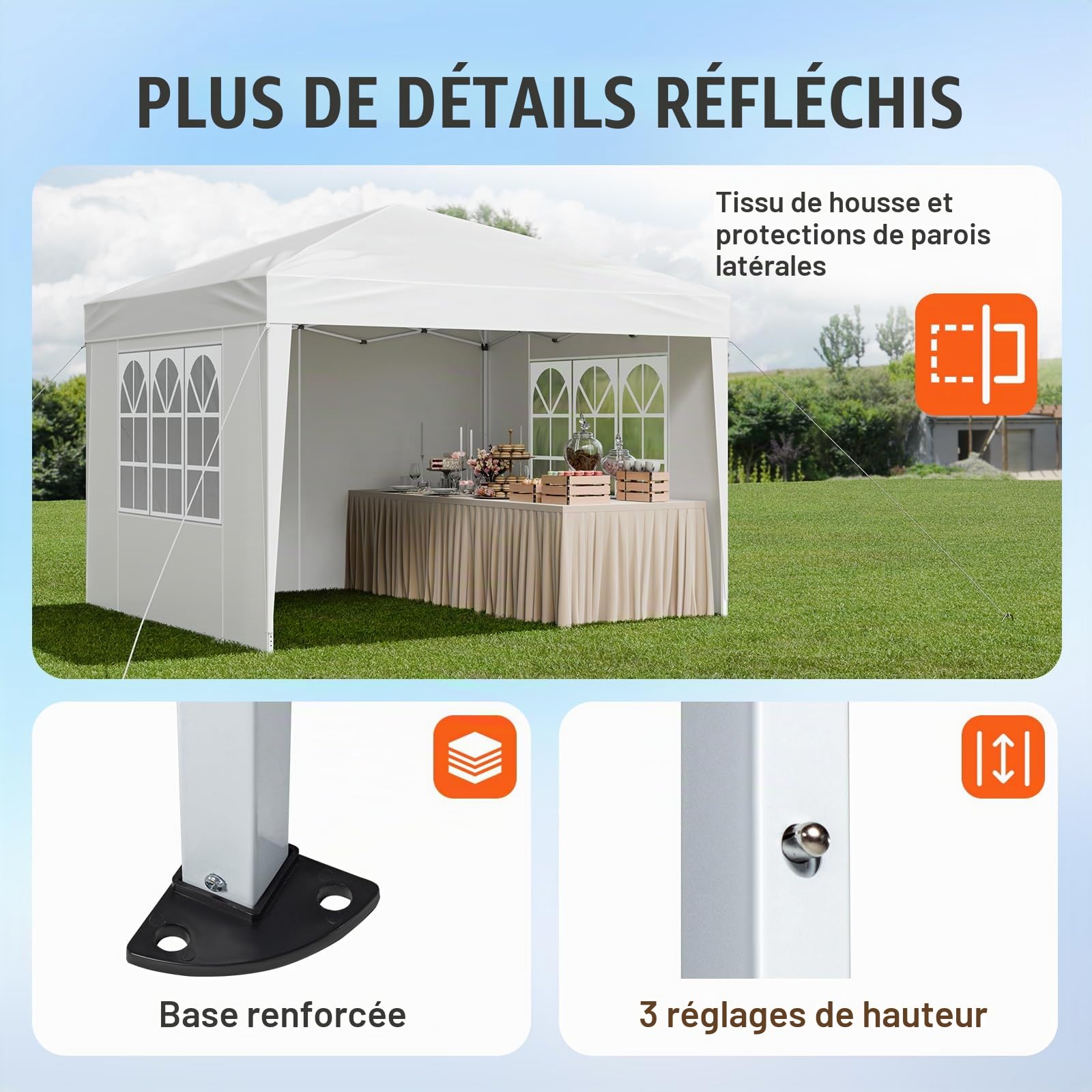 VEVOR Tonnelle Pop-up, 2,95x2,95 m, Gazebo Auvent Escamotable Instantané Portable, avec Parois Latérales, Fenêtres Ventilées, Facile à Monter, Abri Solaire Extérieur pour Événements, Jardin, Blanc
