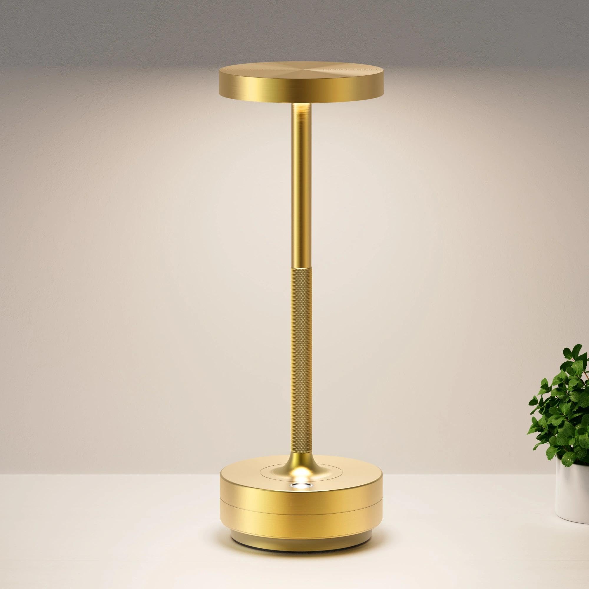YIKUI Cordless Table Lamp, LED Table Lights Rechargeable 5000mAh Battery Powered Portable Outdoor IP54 Waterproof 3 Color Dimmable Touch Desk Lamps for Living Room Dining Restaurant Patio Brass