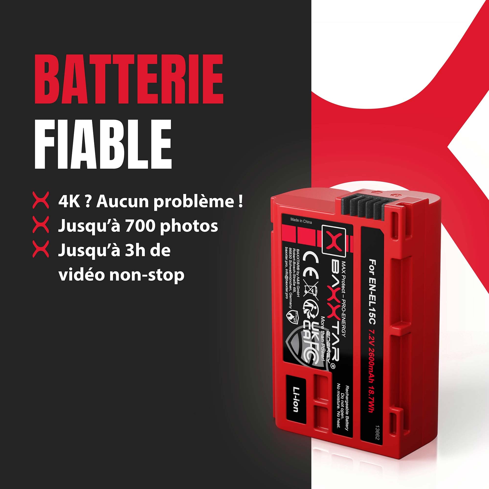 Baxxtar MaxProtect 2X Batterie pour Nikon EN-EL15c EN-EL15b/EL15, 2600mAh