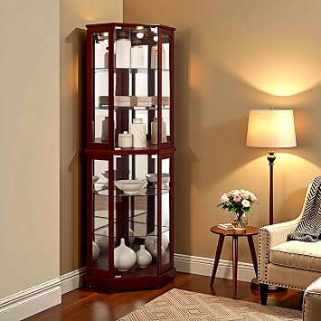 Corner Shelf,Lighted Curio Display Cabinet, Adjustable Tempered Glass Shelves, Liquor Cabinet, Esquineros para Cuarto, Corner Bookshelf with 2 Doors