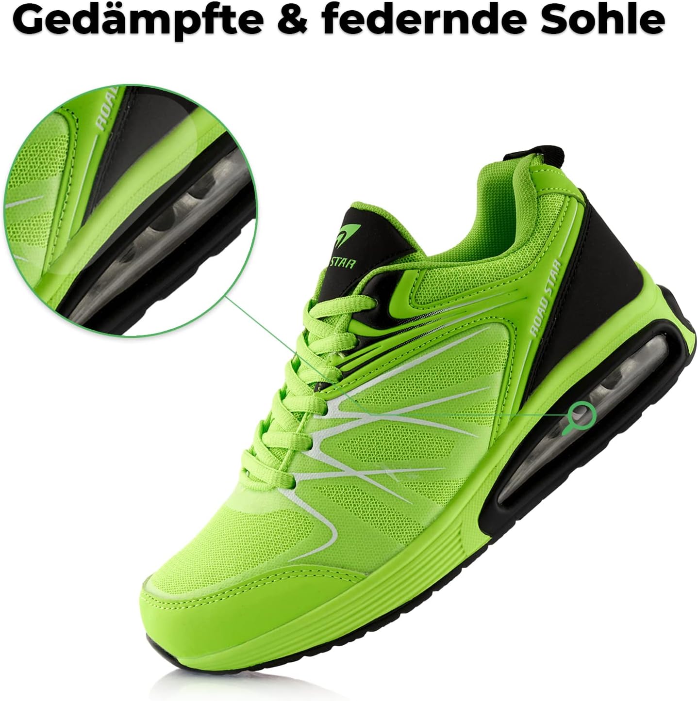Fusskleidung unisex trainers, cushioned sports shoes, lightweight running shoes 38 EU Green / Black