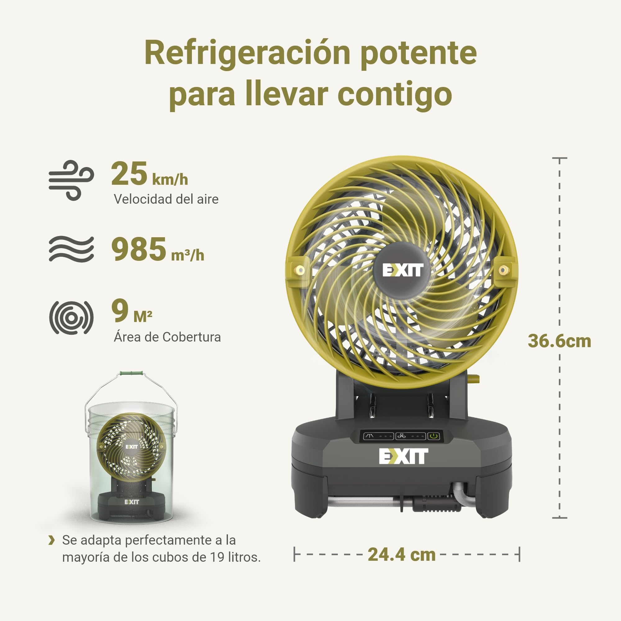 EXIT 20V ventilador de nebulización portátil EX022, ventilador a batería con 3 velocidades y 3 niveles de nebulización, perfecto para camping, picnics y playa. Incluye batería reemplazable de 2,0 Ah.