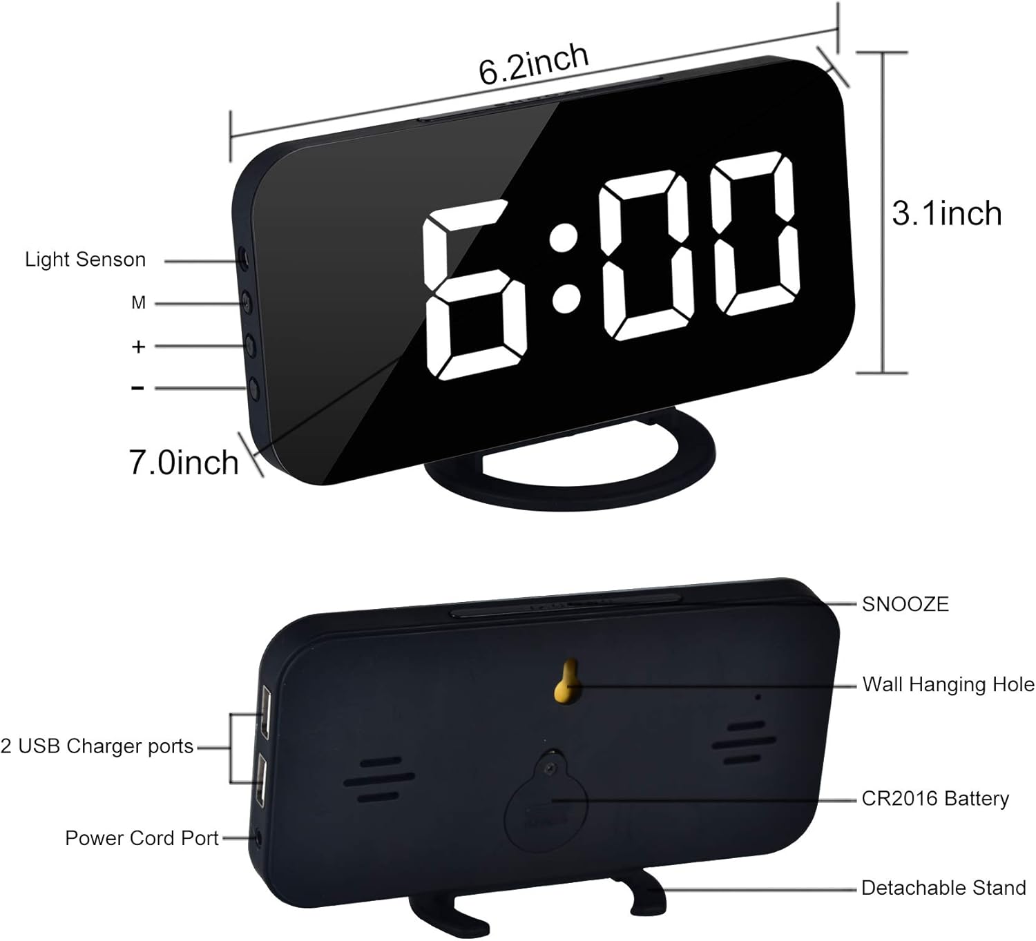Buy Digital Alarm Clocks,7 LED Mirror Electronic Clock,with 2 USB