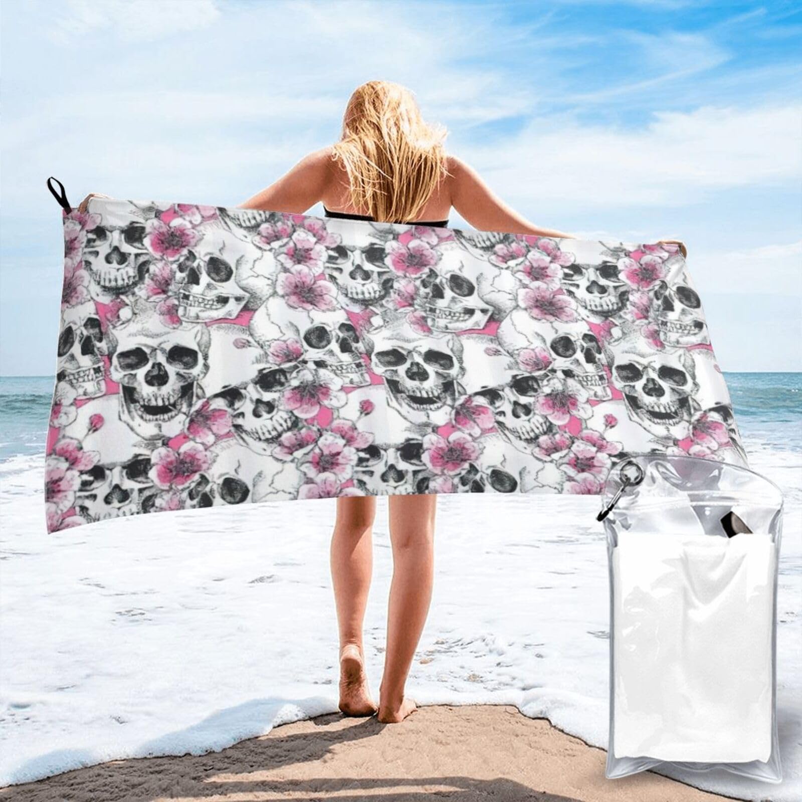 Nimongt Men's White Floral Skull Print Adult Towel Travel Gym Beach Hiking Yoga Camping Lightweight Quick Dry Versatile