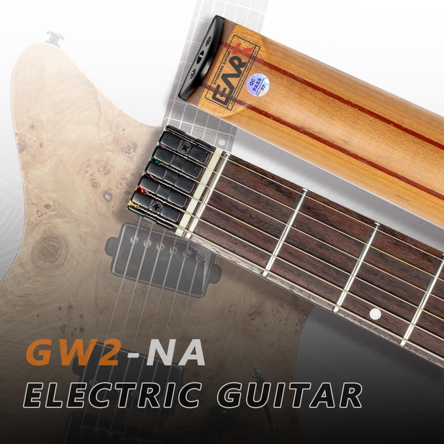 EART GW2 25.5" Headless Electric Guitar - Roasted Padauk Soild Body/5pc Maple Neck - Alnico-V Pickups, Stainless Frets
