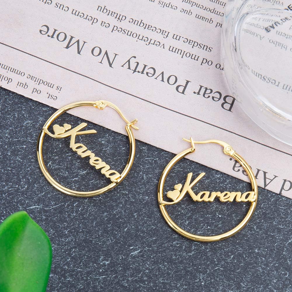 Custom Bamboo Gold Hoop Earrings for Women with Name Earrings Personalised Earring Gift for Mother Sister Yourself Daughter (3 Color 3 Size)