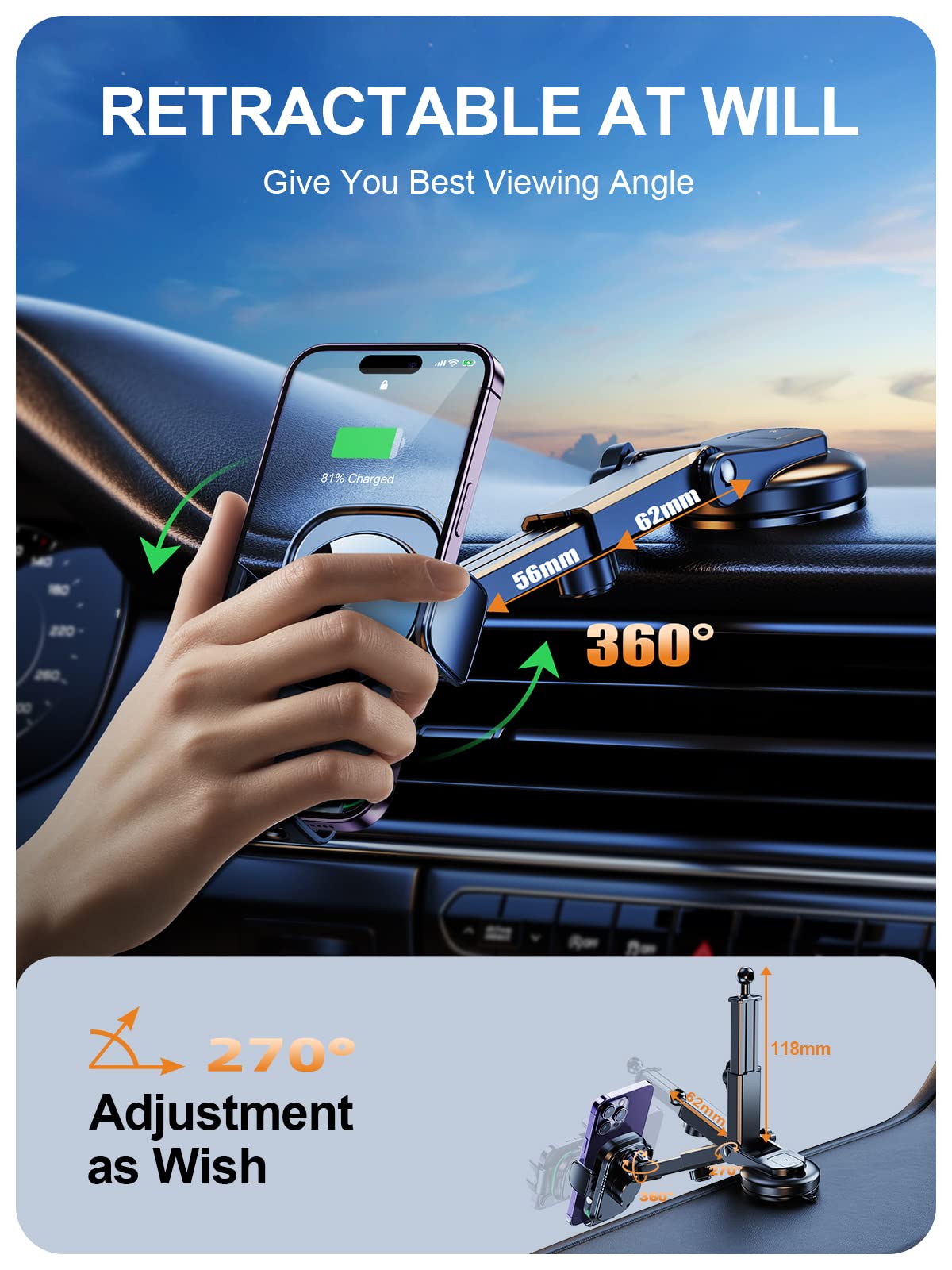 Auckly Supporto Telefono Auto Con Ricarica Wireless Qi 15W – Sensore Automatico, Ventosa E Clip, Compatibile IPhone E Samsung, N°1 In Europa