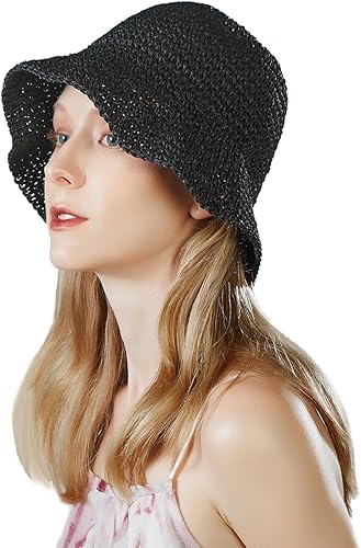 Sombrero de pescador de ganchillo, sombrero de paja plegable tejido a mano para mujer, sombrero de sol para playa y verano al aire libre Negro