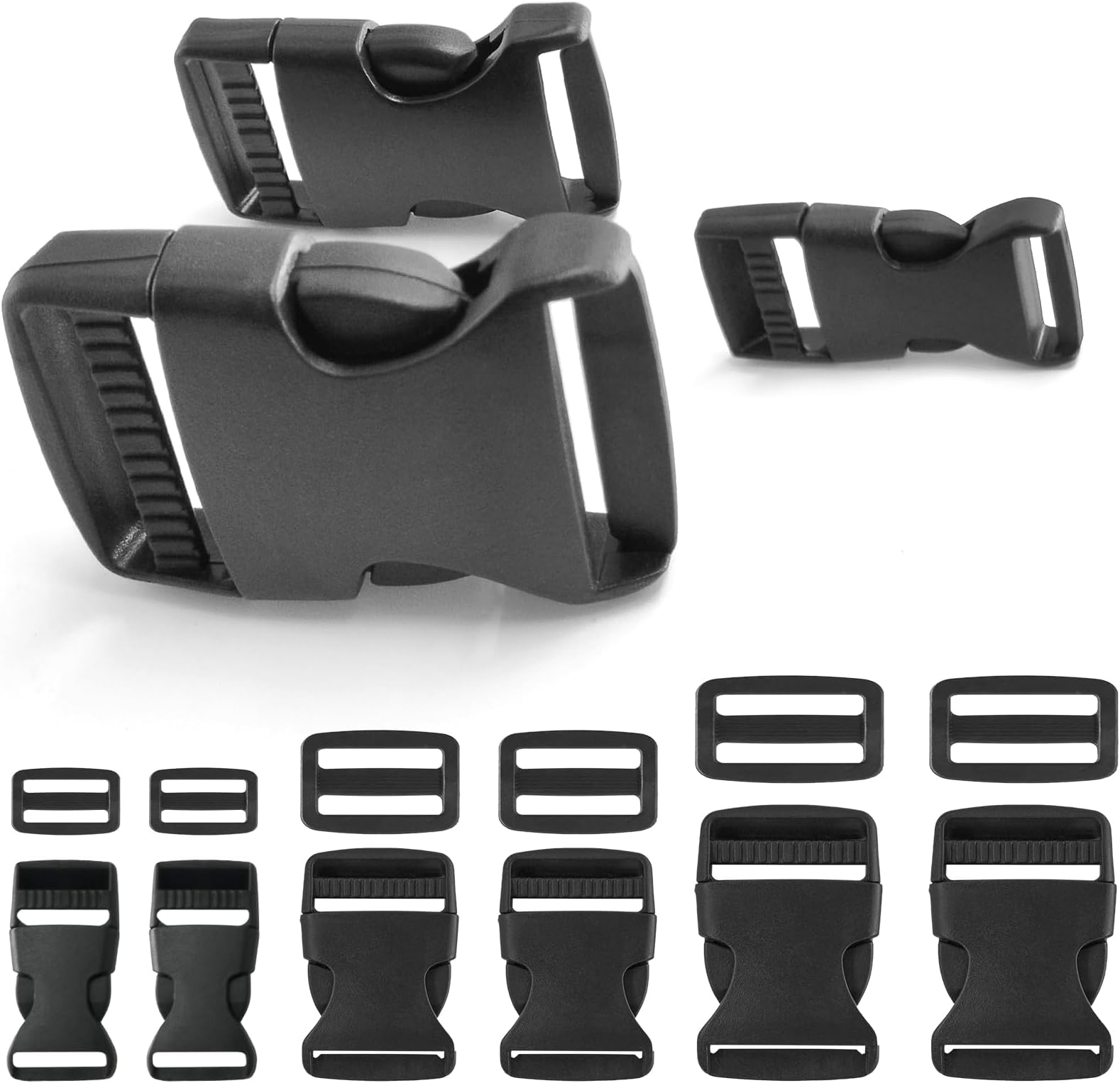 Plastic Buckles 3 Sizes, 20pcs Side Release and 20pcs Tri-Glide Slide Parachute Buckles Black Snaps Fitting 0.79/1.0/1.5 inch for Backpacks, Luggage, Pet Collar, Belts