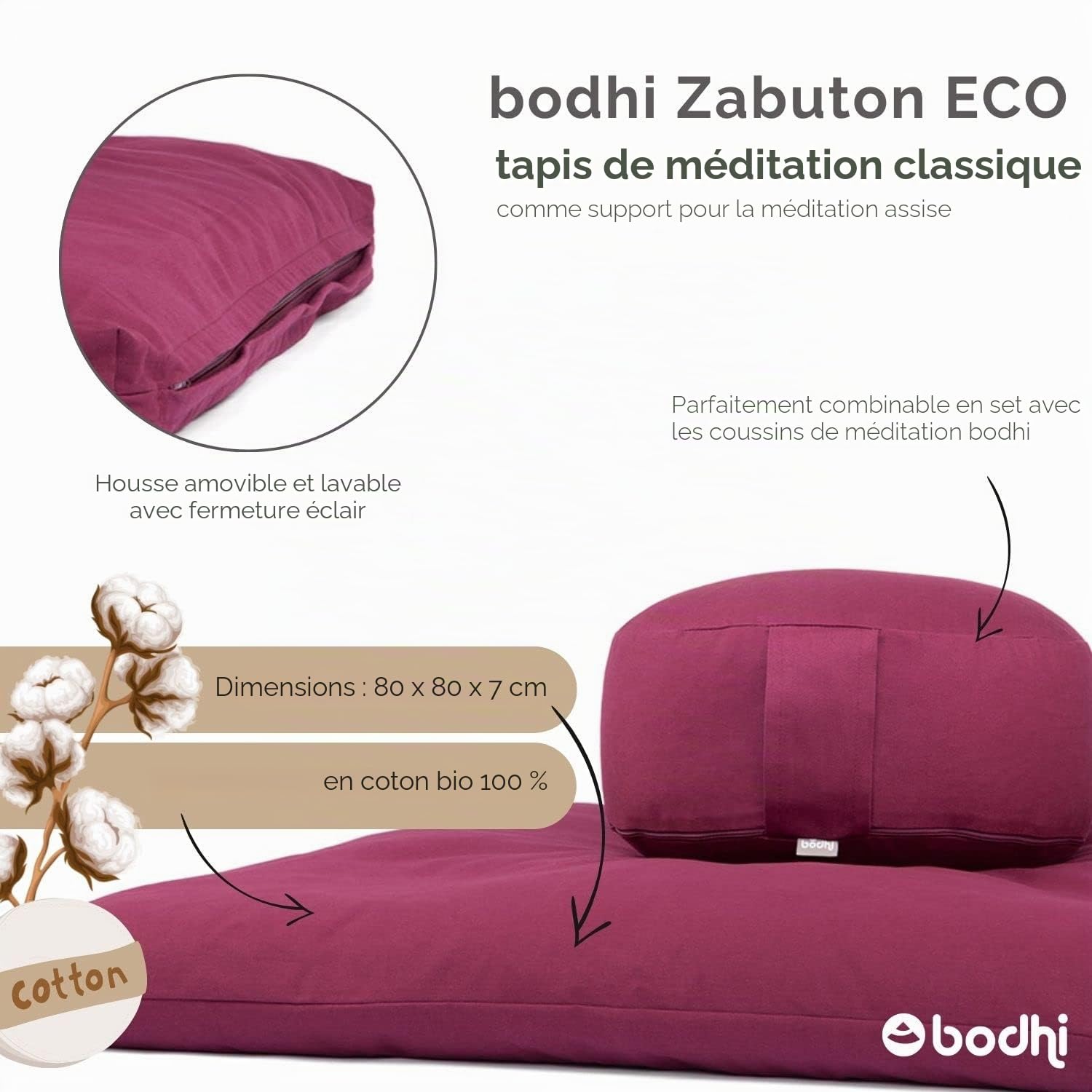 Bodhi Zabuton Tapis de méditation | Série ECO | Tapis de yoga classique avec housse amovible en 100 % coton bio | Tapis de méditation avec fermeture éclair | 80 x 80 x 7 cm