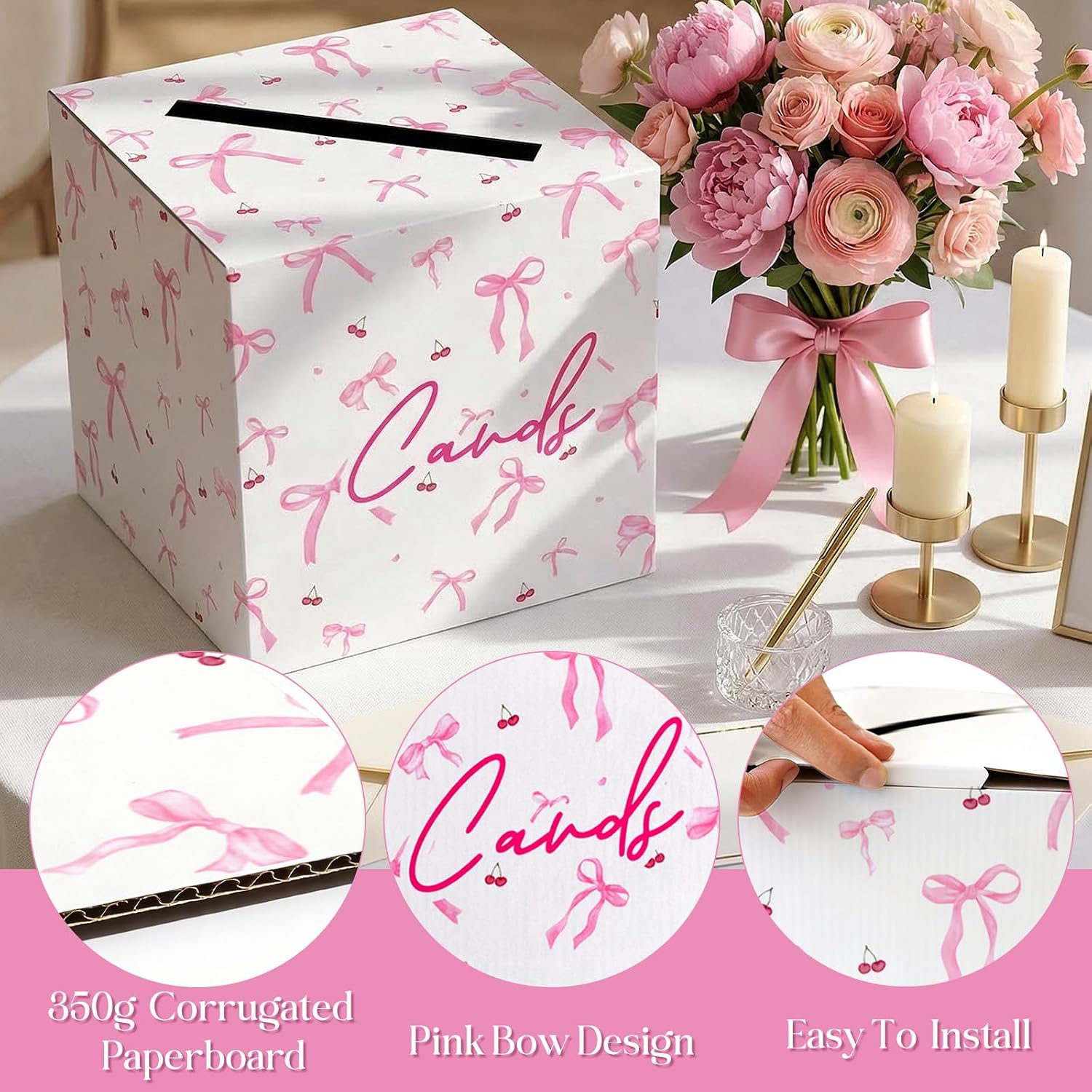 OurWarm Wedding Card Box with Pink Bow Pattern, White Paper Gift Card Box for Party Wedding Reception Decorations, Envelope Money Gift Boxes for Cash Birthday Anniversary Bridal Baby Shower Graduation