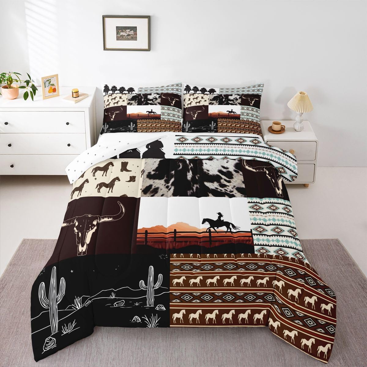 Feelyou Adults Western Cowboy Bedding Set Boys Girls, Wild West Rustic Southwestern Comforter Set Toddler Size Bull Skull Cactus Duvet Quilt Rustic Farmhouse Bedroom Decor 2 Pcs with 1 Pillow Cases