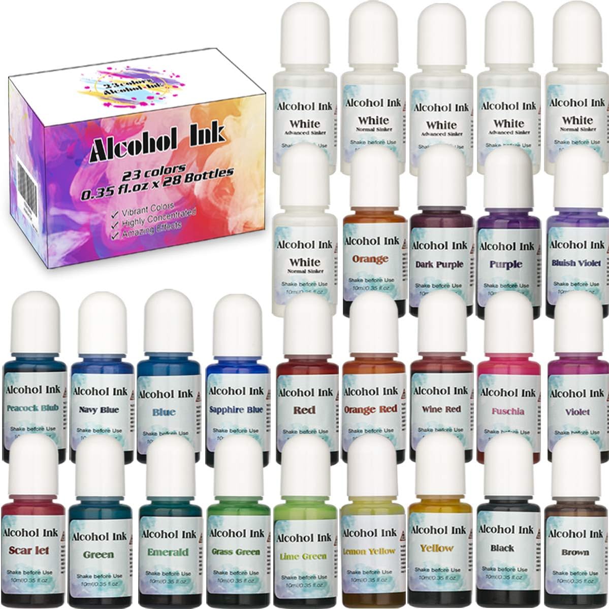 Alcohol Ink Set, 28 Bottles Vibrant Colors Alcohol-Based Ink Diffusion Epoxy Resin Dye, Highly Concentrated Epoxy Resin Pigment Colorant for Resin Coasters, Petri Dish Making, Epoxy Resin Painting