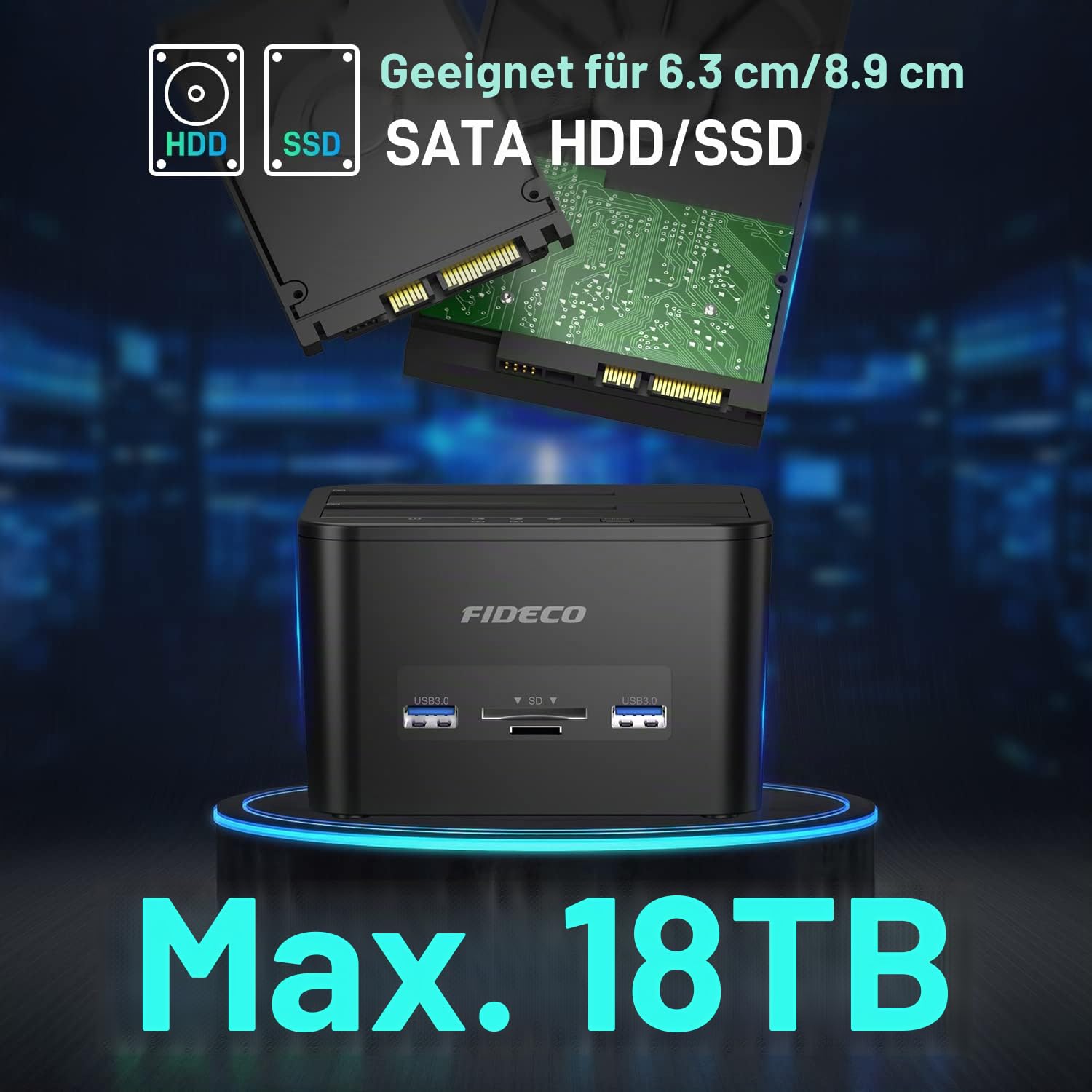 FIDECO Docking Station für 2 SATA-Festplatten, USB 3.0, Klonfunktion, 2,5-Zoll- und 3,5-Zoll-Festplatte, SSD, SATA-Festplatte