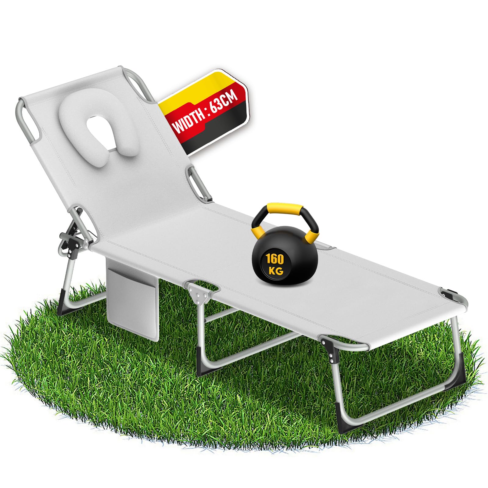 Sonnenliege mit Gesichtsöffnung,Klappbare Gartenliege,Liegestuhl mit U-Kissen&3-Fach Verstellbarer Rückenlehne,Gartenstuhl,Strandliege,Relaxliege Faltbar für Sonnenbaden,Strand,Garten,Camping,Hellgrau