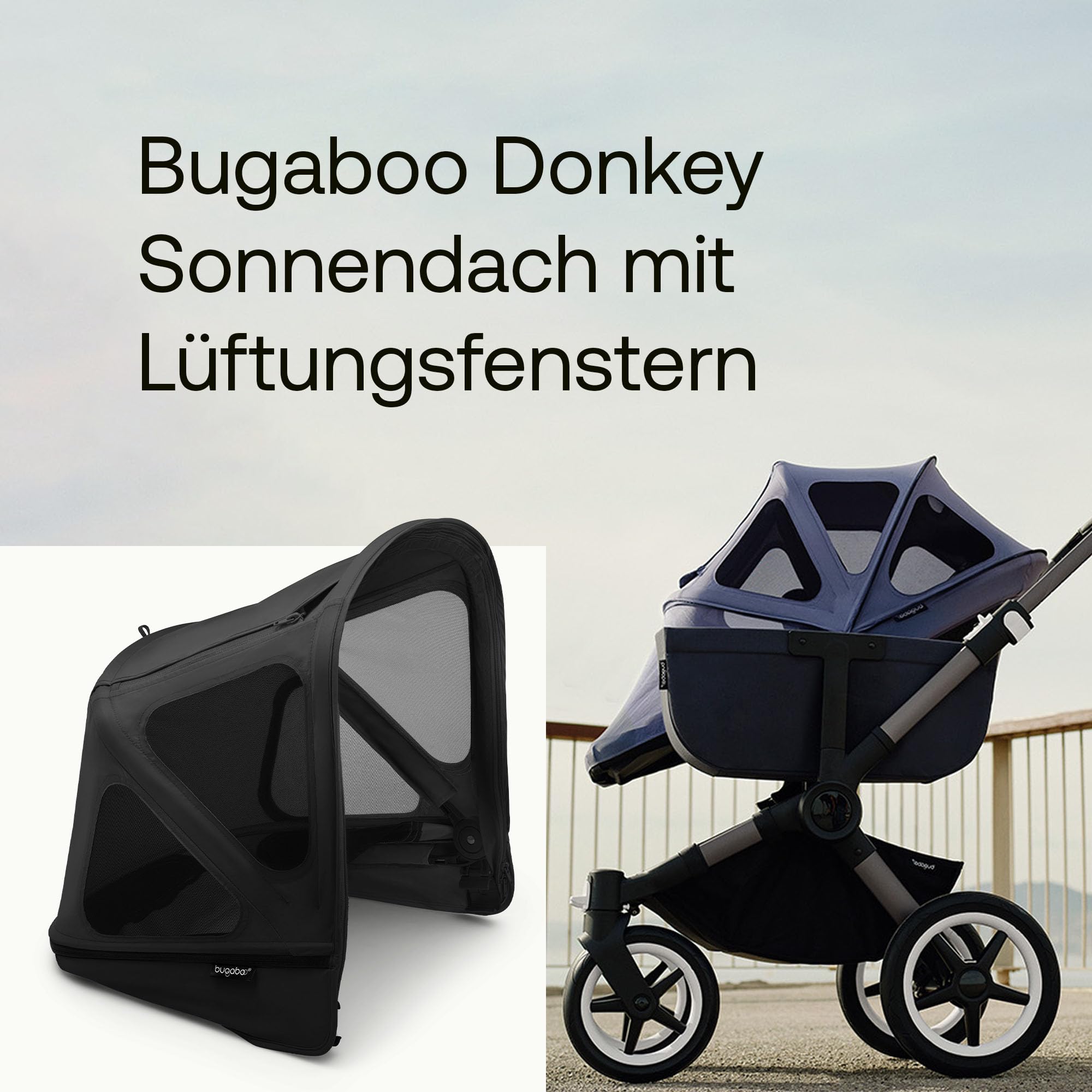 Bugaboo Donkey Sonnendach mit Lüftungsfenstern, ausziehbar für zusätzlichen und optimalen Sonnenschutz, wasserabweisend, kompatibel mit allen Bugaboo Donkey Kinderwagen, Midnight Black