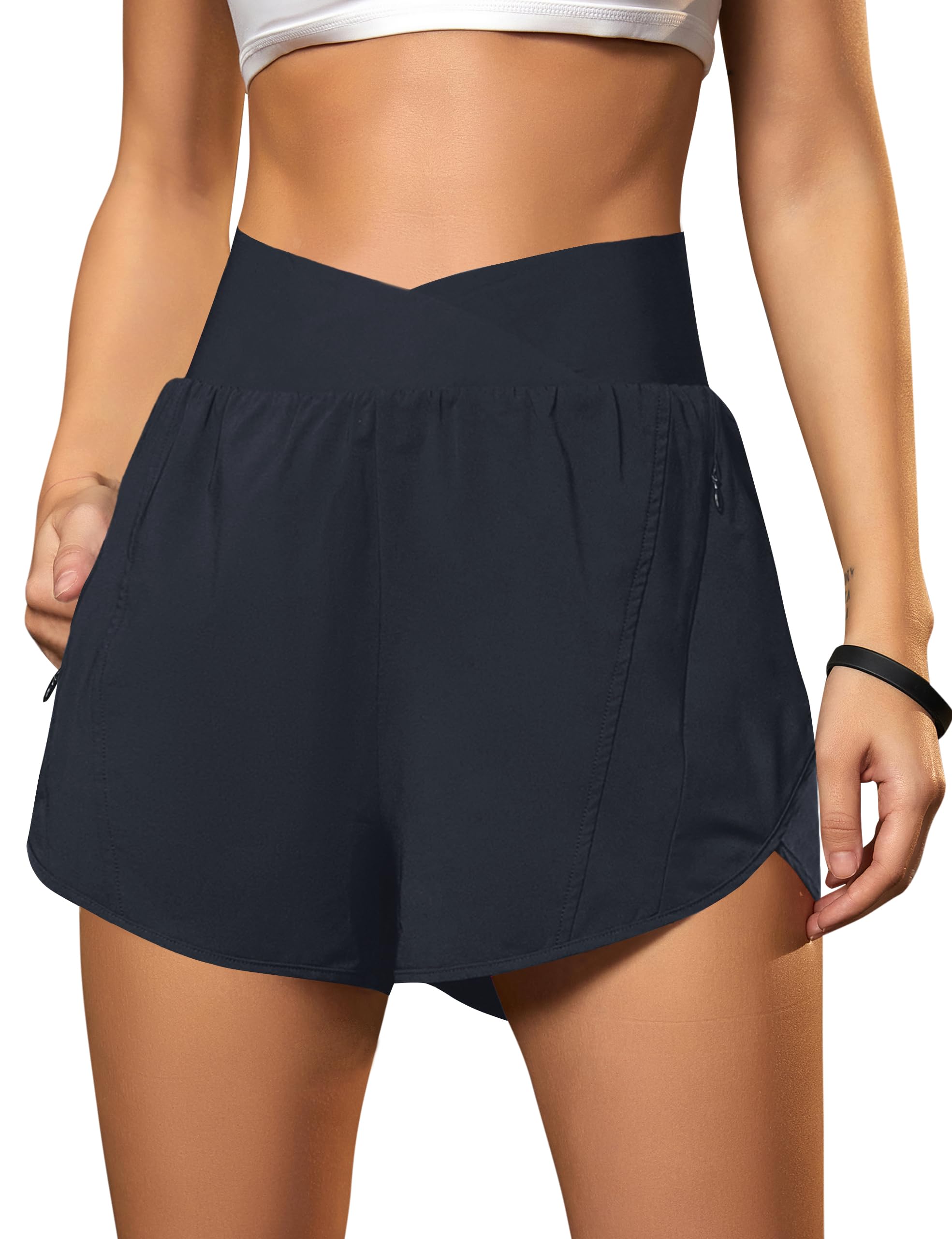 Blooming Jelly Women's Workout Shorts Athletic Running Shorts Crossover High Waisted Gym Shorts with Zipper Pockets