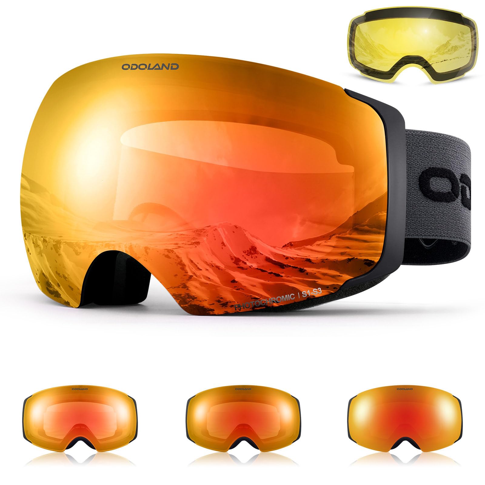 Odoland Unisex Ski Goggles for Men & Women - Photochromic Frameless Snowboard Goggles with Magnetic Interchangeable Lens, UV 400, Anti-fog, Helmet Compatible for Skiing