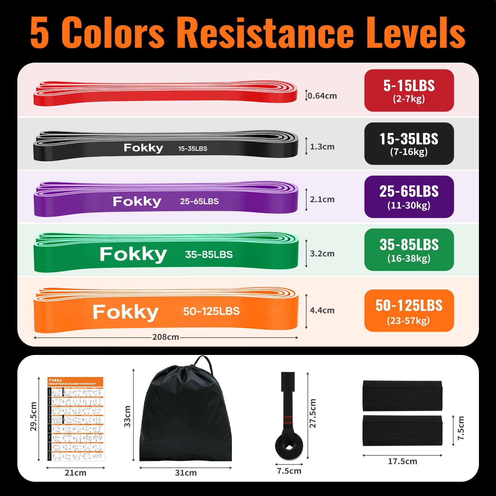 Fokky 5 Livelli di Resistenza Elastici Fitness,elastico Fitness di Resistenza per Trazioni,Bande Elastiche con Ancoraggio Porta, Maniglie e Cover Protettiva