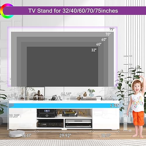 Miniatura 4 de Hlivelood Soporte de TV LED para TV de 75 pulgadas, moderno soporte de TV con toma de corriente, consola de TV de alto brillo con almacenamiento y