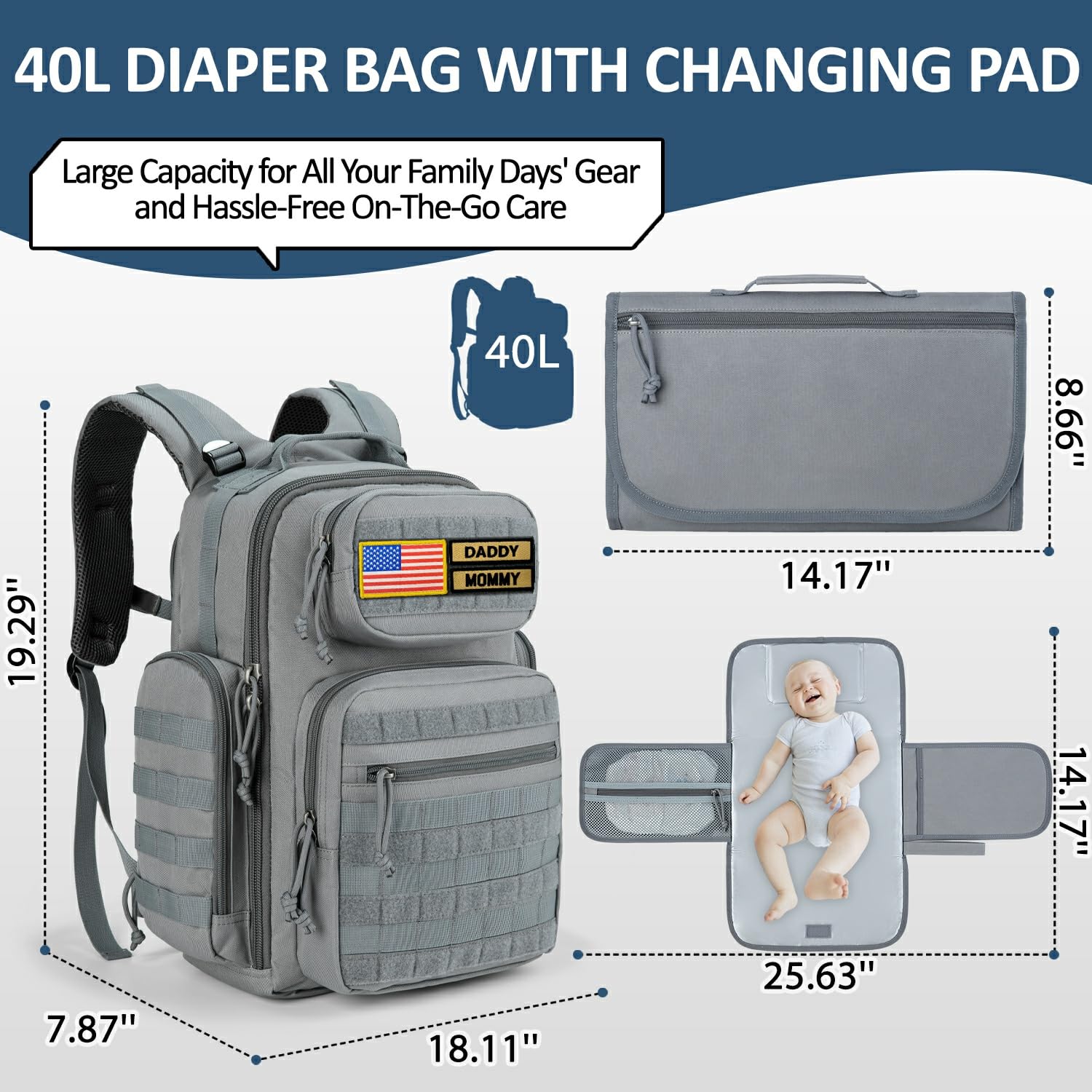 MIRACOL Bolsa de pañales militar para bebé, mochila grande para bebé con cambiador, bolsa de pañales para papá del ejército para senderismo, viajes