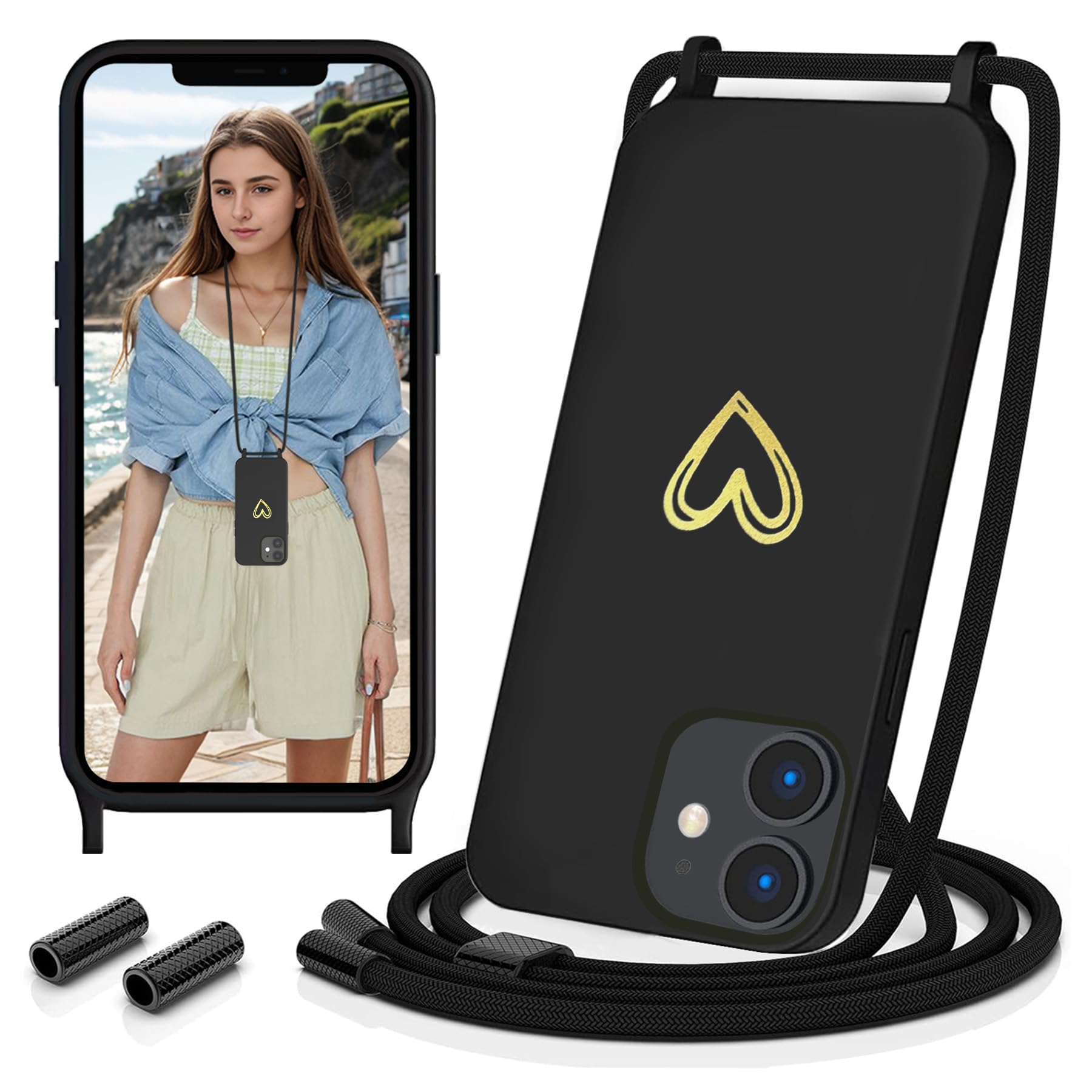 SeborMobile Phone Chain for iPhone 11, Case with Strap, Silicone Mobile Phone Case with Chain, Gold Heart Pattern, Necklace Protective Case, Shockproof with Removable Cord for Hanging, for iPhone 11,