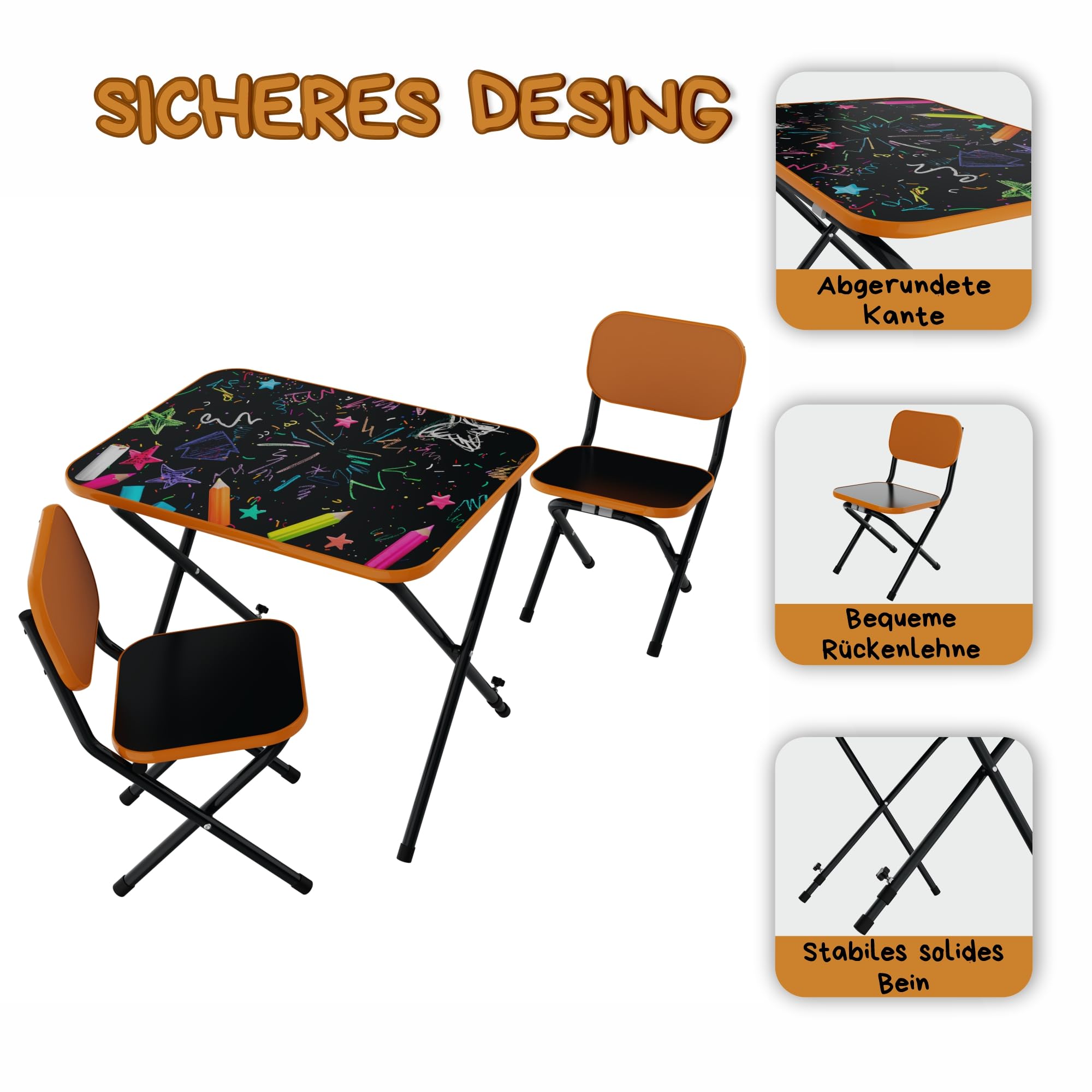VILHA Table pour enfant avec 2 chaises - Ensemble de sièges évolutifs et pliables - Table de jeu pratique pour les tout-petits - Plateau inclinable - Orange