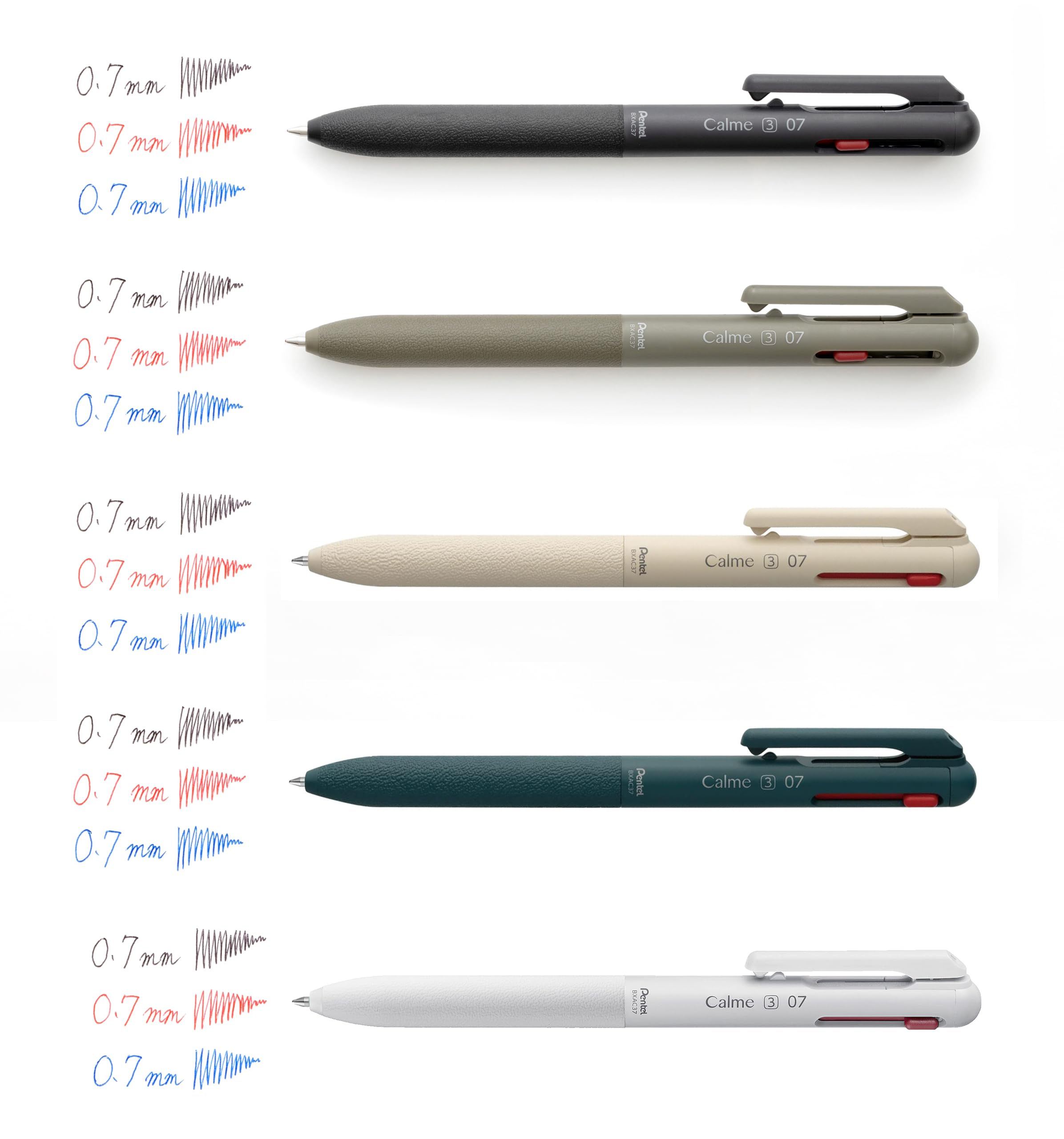 Pentel BXAC37A Calme Lot de 10 stylos à bille, 3 couleurs, bruit de clic nettement atténué, zone de préhension aspect cuir, rechargeables, bille 0,7 mm = épaisseur de trait 0,35 mm, noir/rouge/bleu,